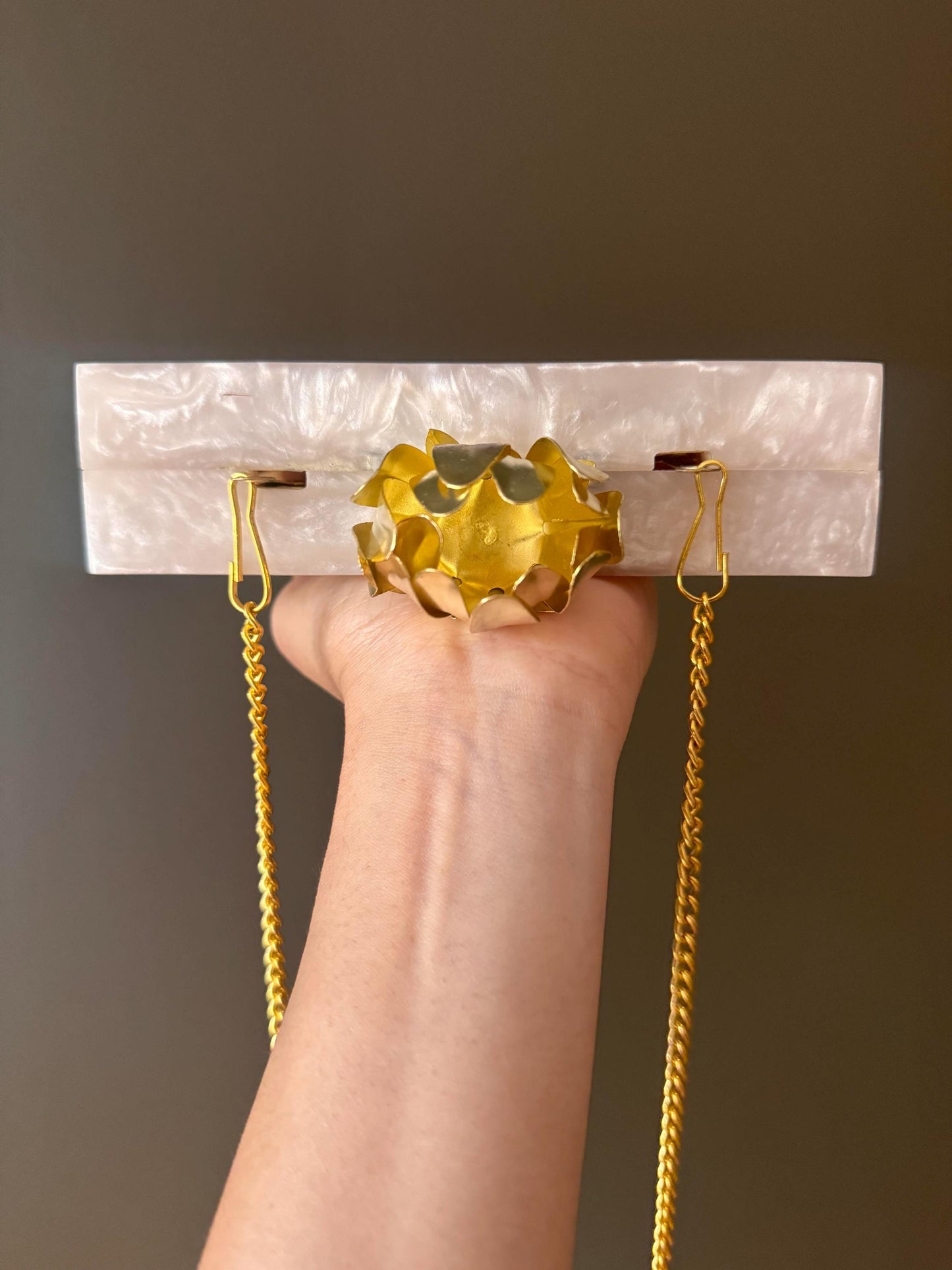 Elegant Handcrafted Nude Pearlized Marble Sahara Clutch with Detachable Vintage-Style Golden Lotus Closure and Versatile Gold Chain, Resin