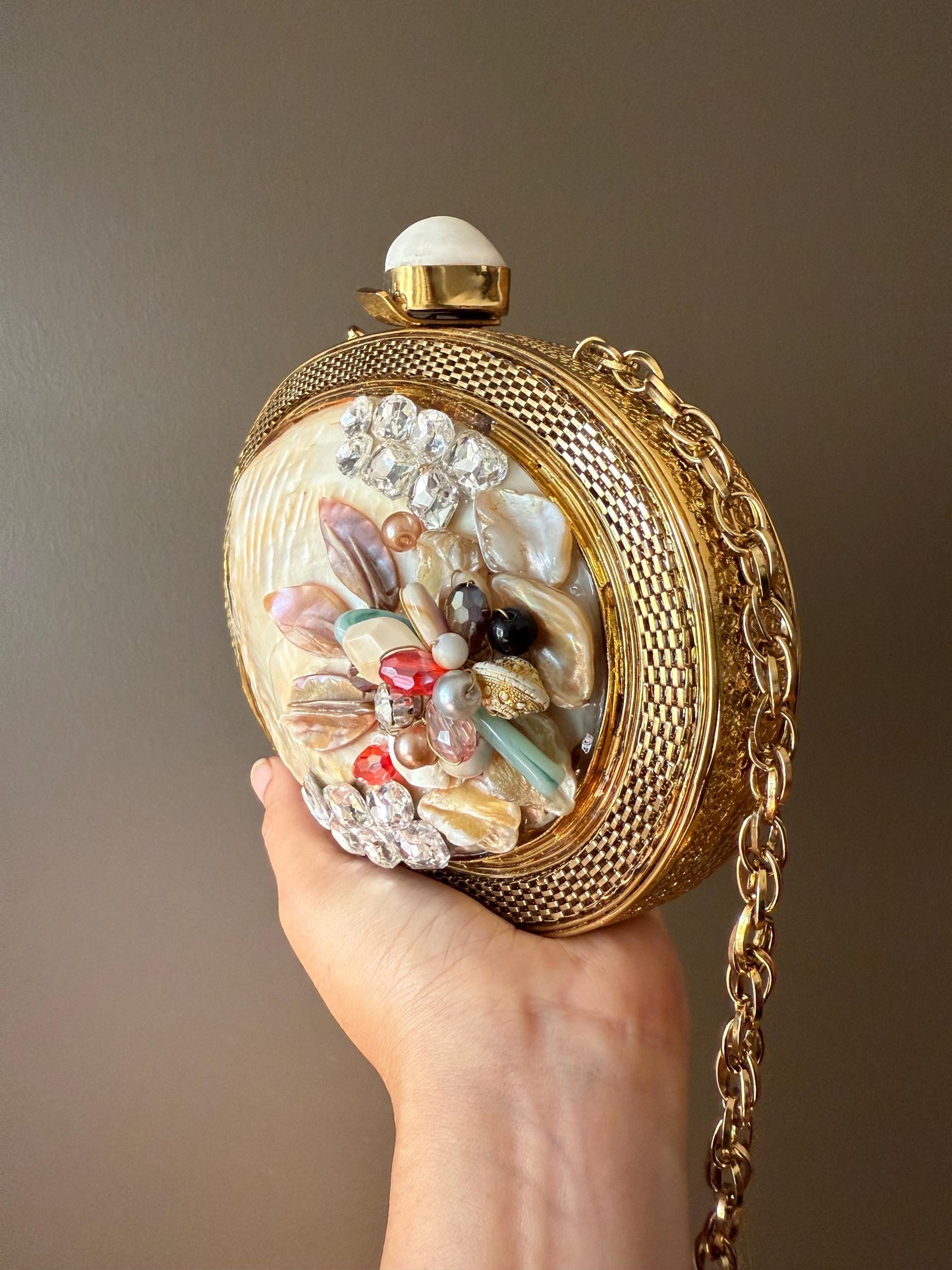 Exquisite Handcrafted Mother of Pearl Clutch with Vintage Gold Detailing & Crystal Embellishments. Luxurious Bag. Wedding clutch. Last PC