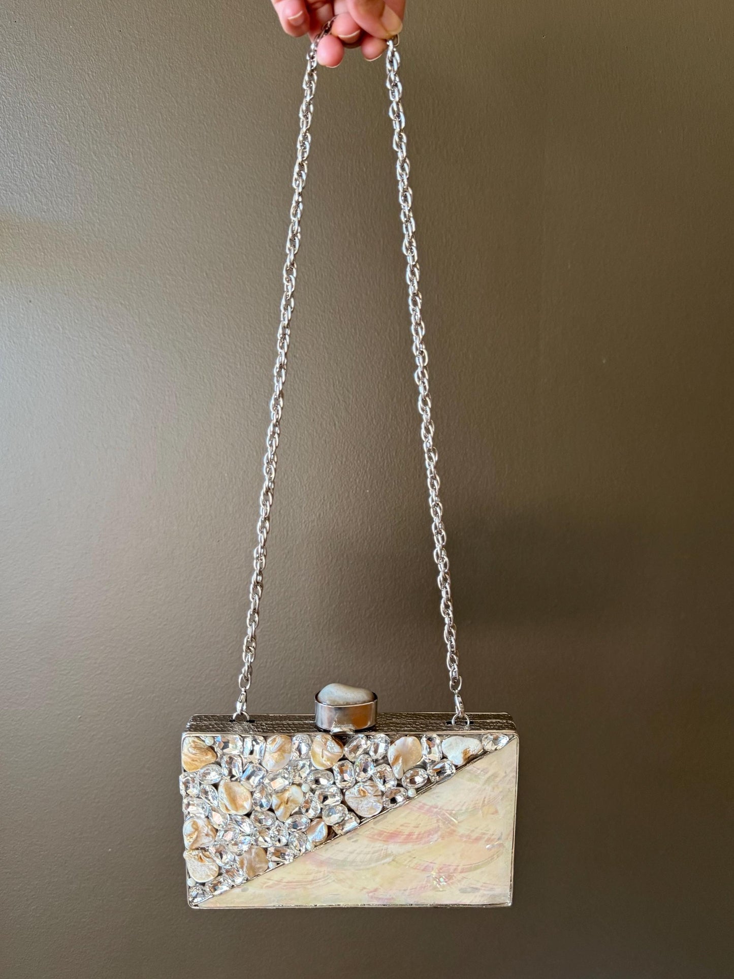 Elegant Handmade Clutch Purse - Mother of Pearl & Crystal Embellished, Silver Metal Frame, Chain Strap - Unique Evening Bag, Gift Ready