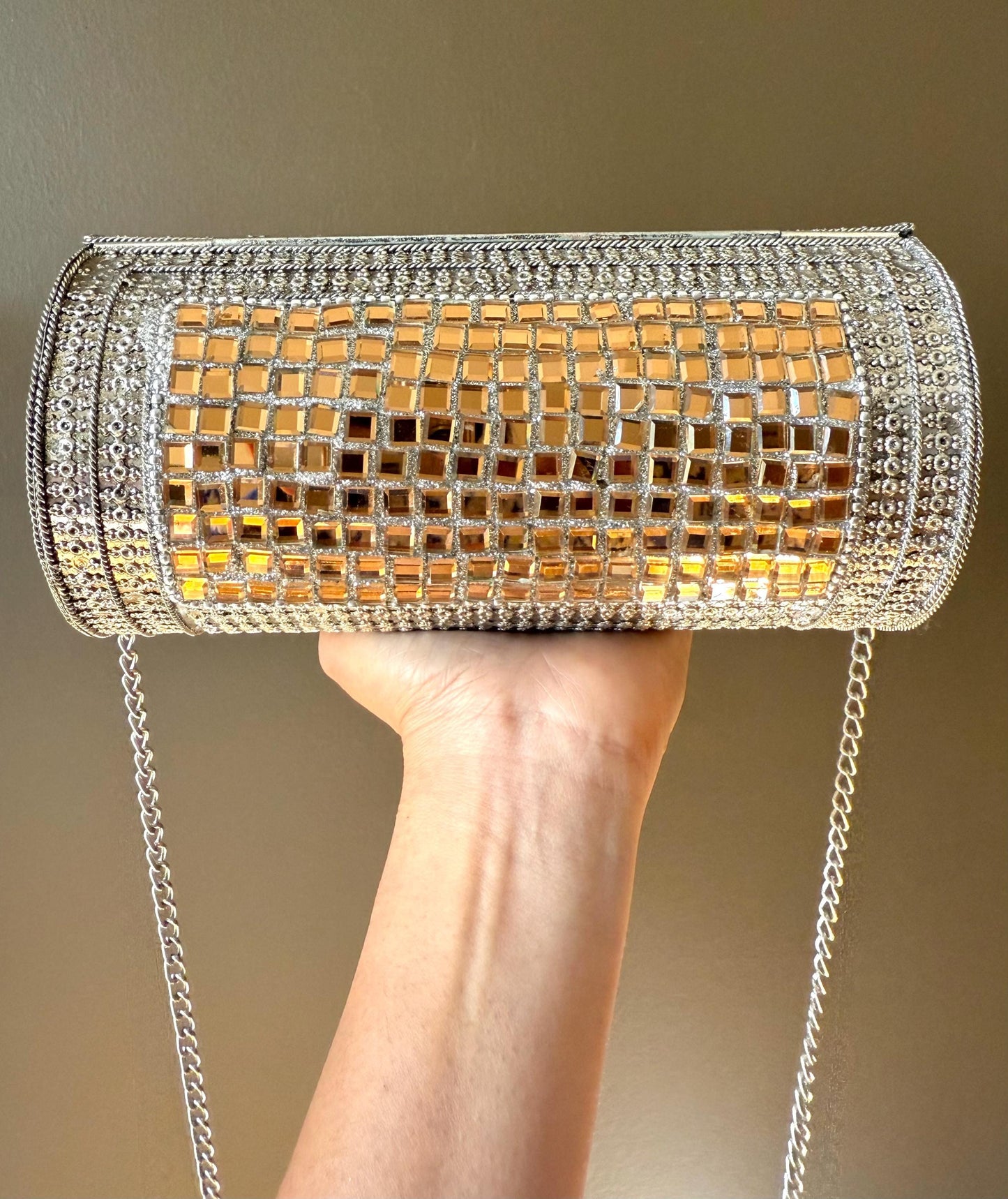 Sparkling Gold Mosaic Evening Clutch Bag with Chain Strap - Perfect for Weddings and Parties. Luxury Clutch. Metal Purse. Vintage Clutch