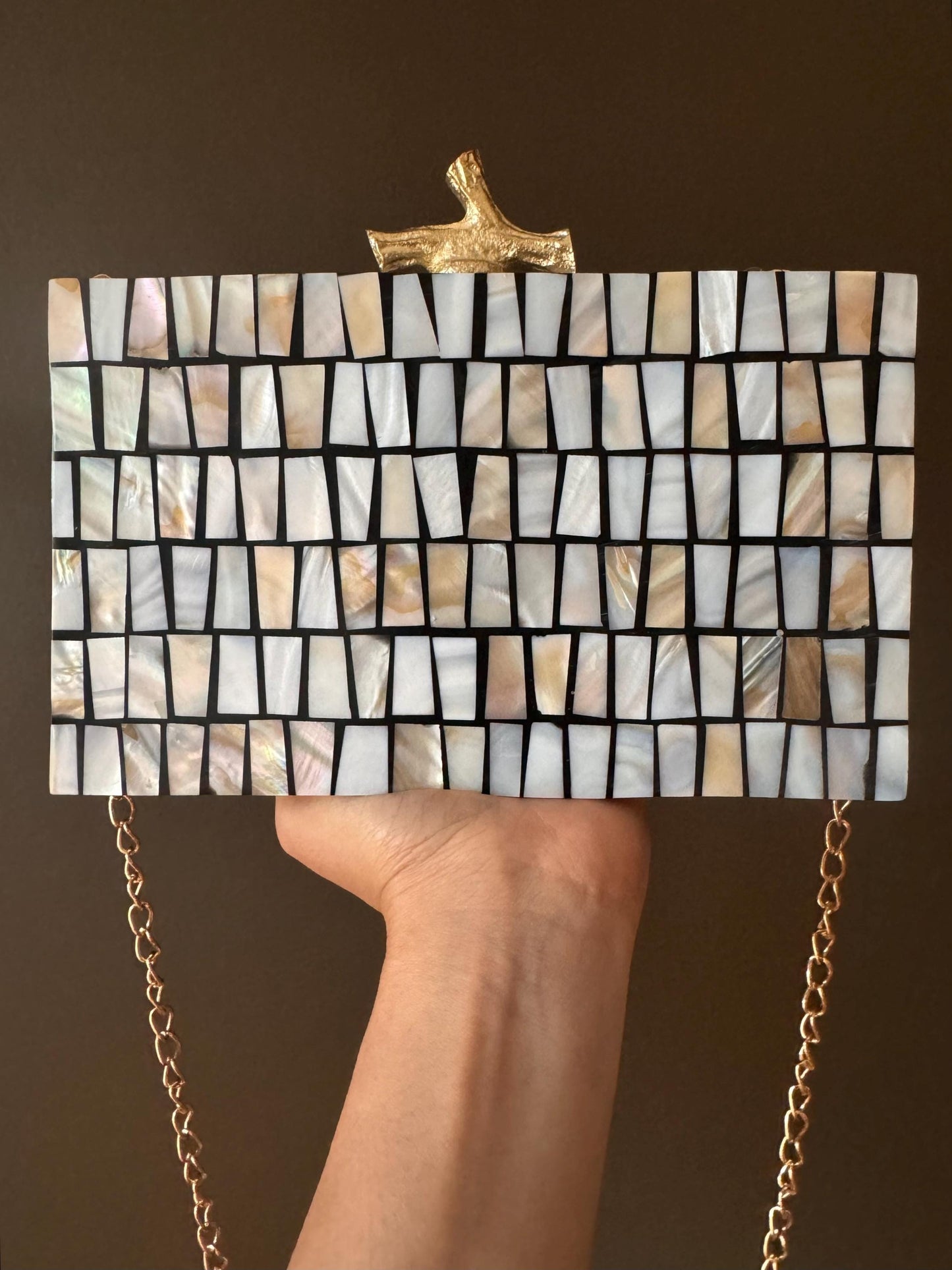 Handmade Rectangular Mother of Pearl and Resin Mosaic Clutch - Unique Shell Purse with Gold Accent Clasp and Chain Strap - Special Occasions