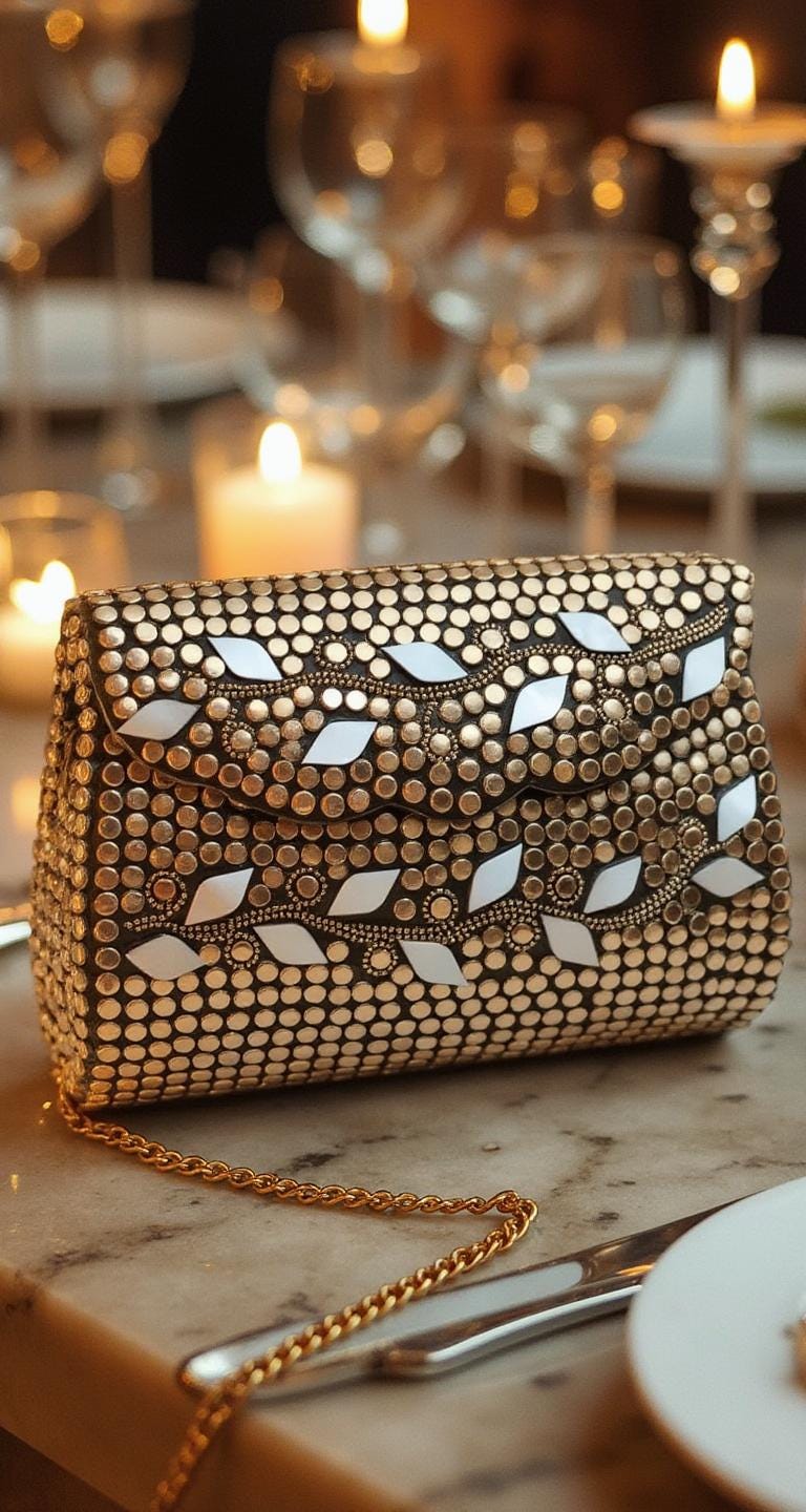 Handmade Mosaic Clutch Purse – Golden Metal Sling Bag, Indian Vintage-Inspired Evening Accessory. Wedding Evening Accessory. Festive Clutch