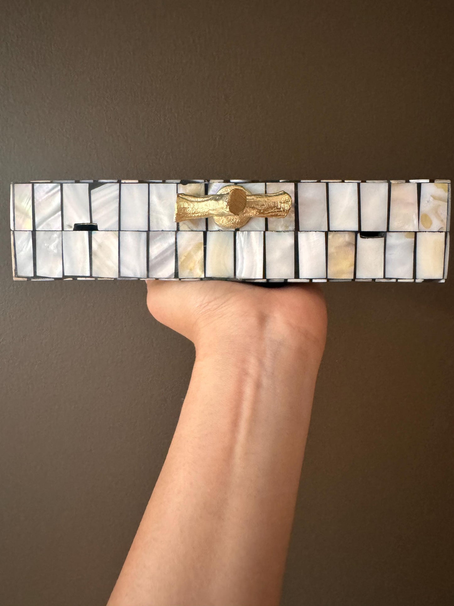 Handmade Rectangular Mother of Pearl and Resin Mosaic Clutch - Unique Shell Purse with Gold Accent Clasp and Chain Strap - Special Occasions