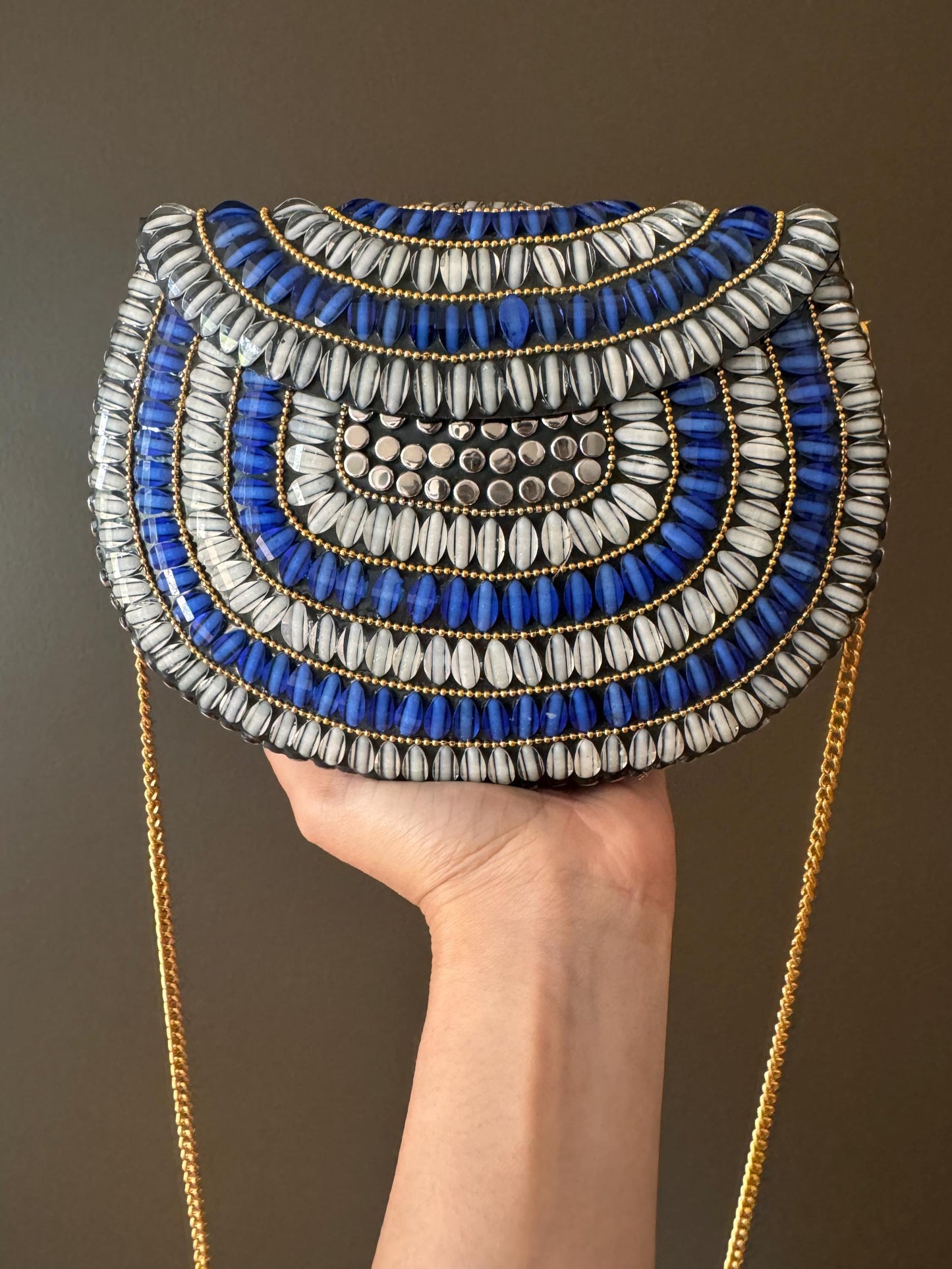 Handmade Beaded Clutch - Blue & Silver Mosaic Evening Purse with Gold Chain | Boho Chic Statement Bag | Unique Handmade Gift