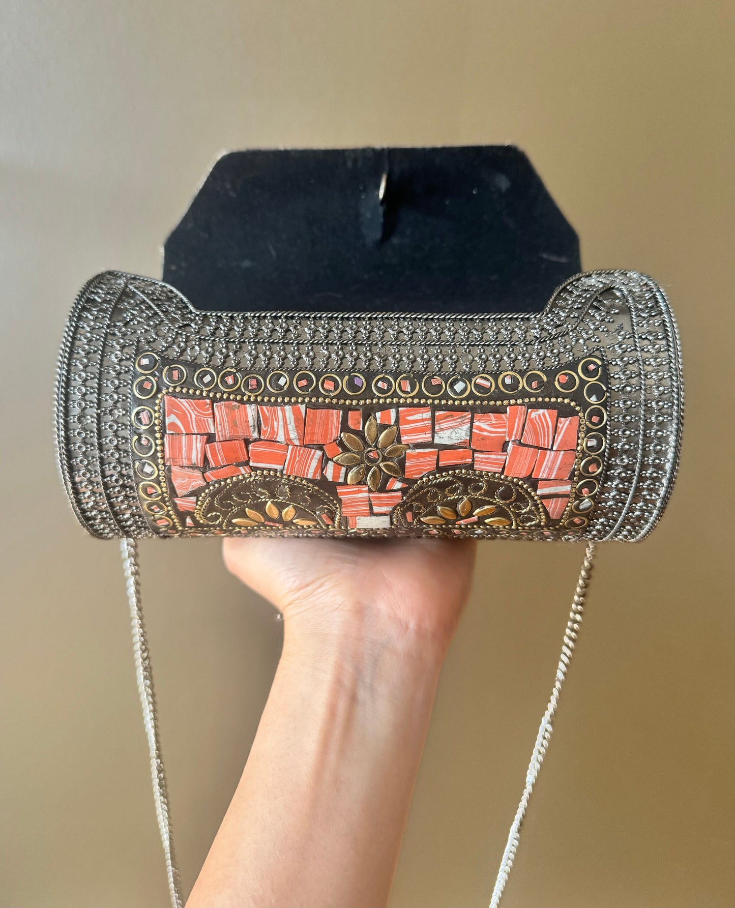 Chic Orange Mosaic Clutch with Vintage Silver Detailing and Chain Strap, Cultural Chic: Handcrafted Mosaic Evening Clutch,Exotic Elegant Bag