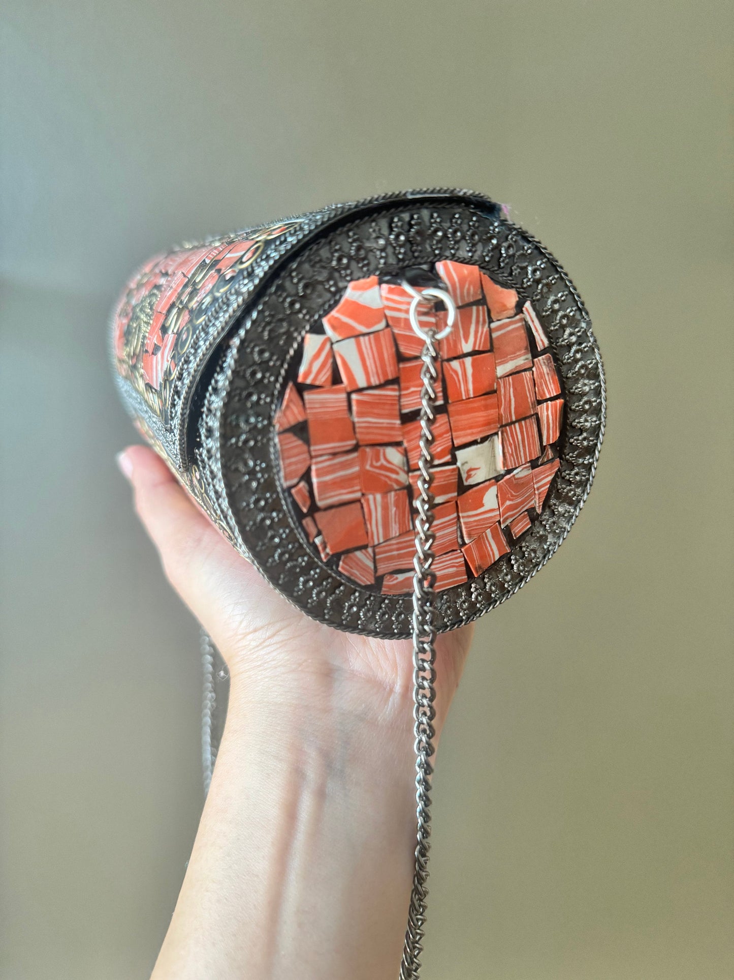 Chic Orange Mosaic Clutch with Vintage Silver Detailing and Chain Strap, Cultural Chic: Handcrafted Mosaic Evening Clutch,Exotic Elegant Bag