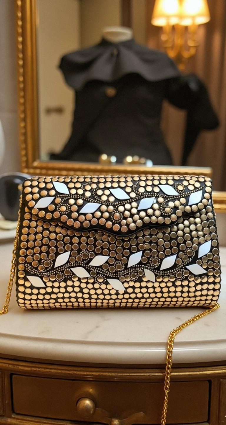 Handmade Mosaic Clutch Purse – Golden Metal Sling Bag, Indian Vintage-Inspired Evening Accessory. Wedding Evening Accessory. Festive Clutch
