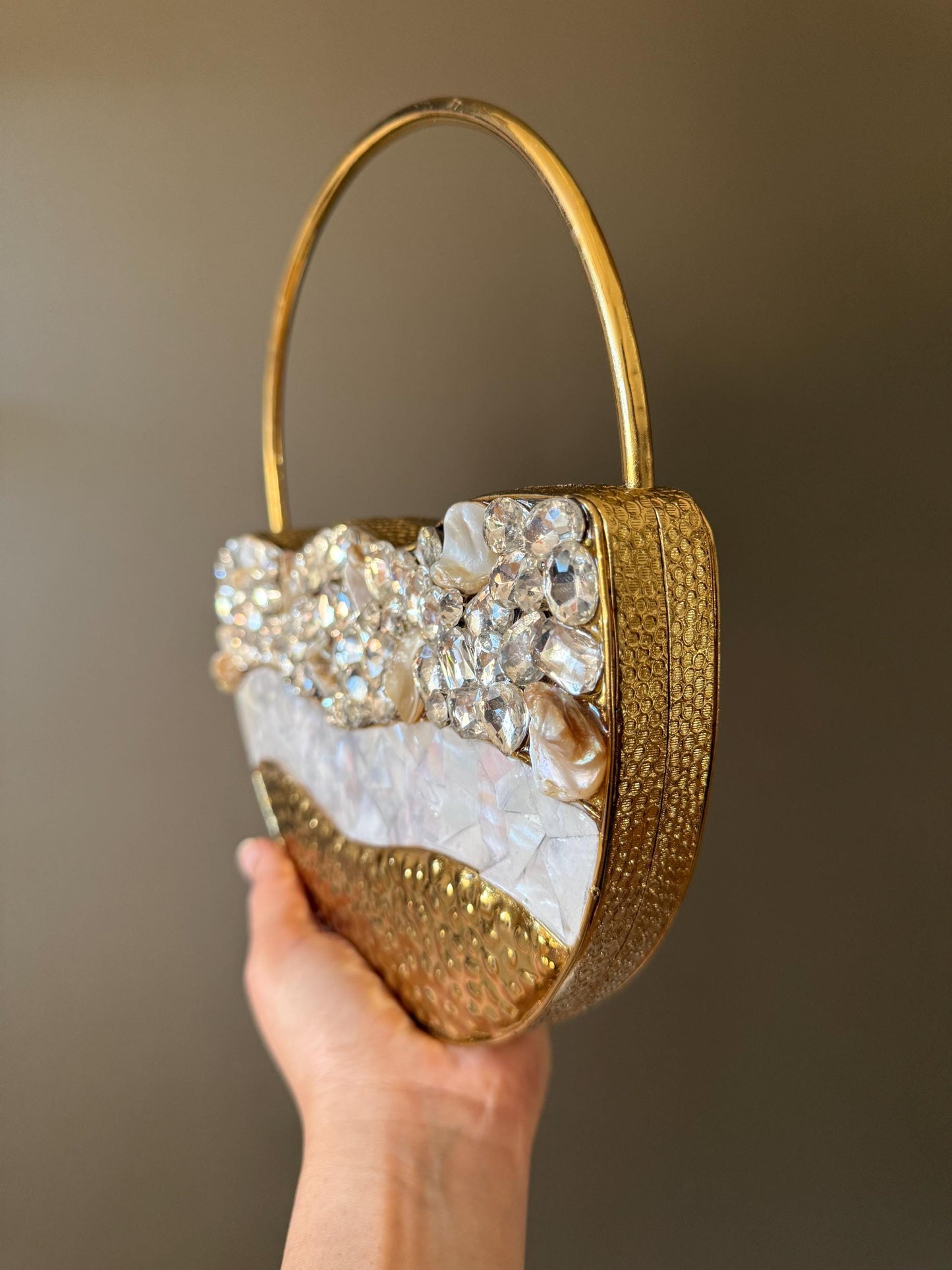 Unique Handmade Gold Crystal Evening Clutch Bag - Perfect for Special Occasions. Metal Clutch with Pearl & Gemstone Embellishments. LAST PC