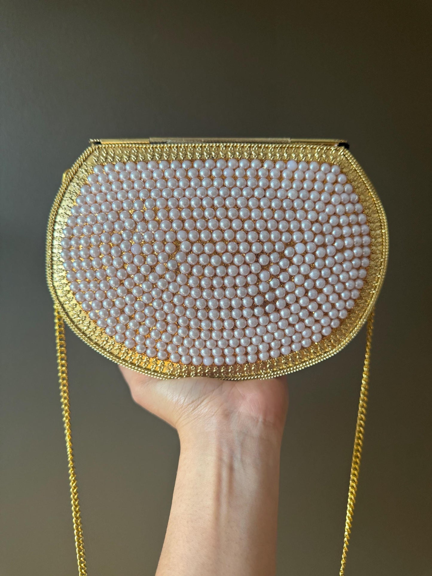 Luxury Pearl and Gold Clutch Purse | Handmade Bridal, Wedding & Evening Handbag | Elegant Party Purse with Chain Strap. Metal Purse. Clutch