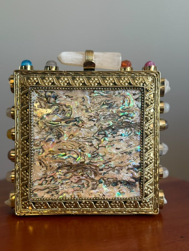 Handmade Abalone Shell & Gemstone Box Clutch – Gold Metal Frame Purse with Crystal Quartz Clasp
