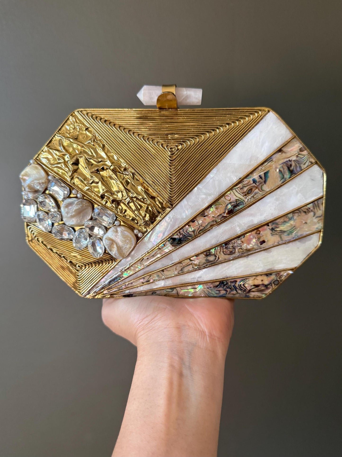 Handmade Gold Clutch – Mother of Pearl, Crystal & Rose Quartz Closure, Unique Evening Bag, Bridal Purse, Statement Handbag, Only 1 left.