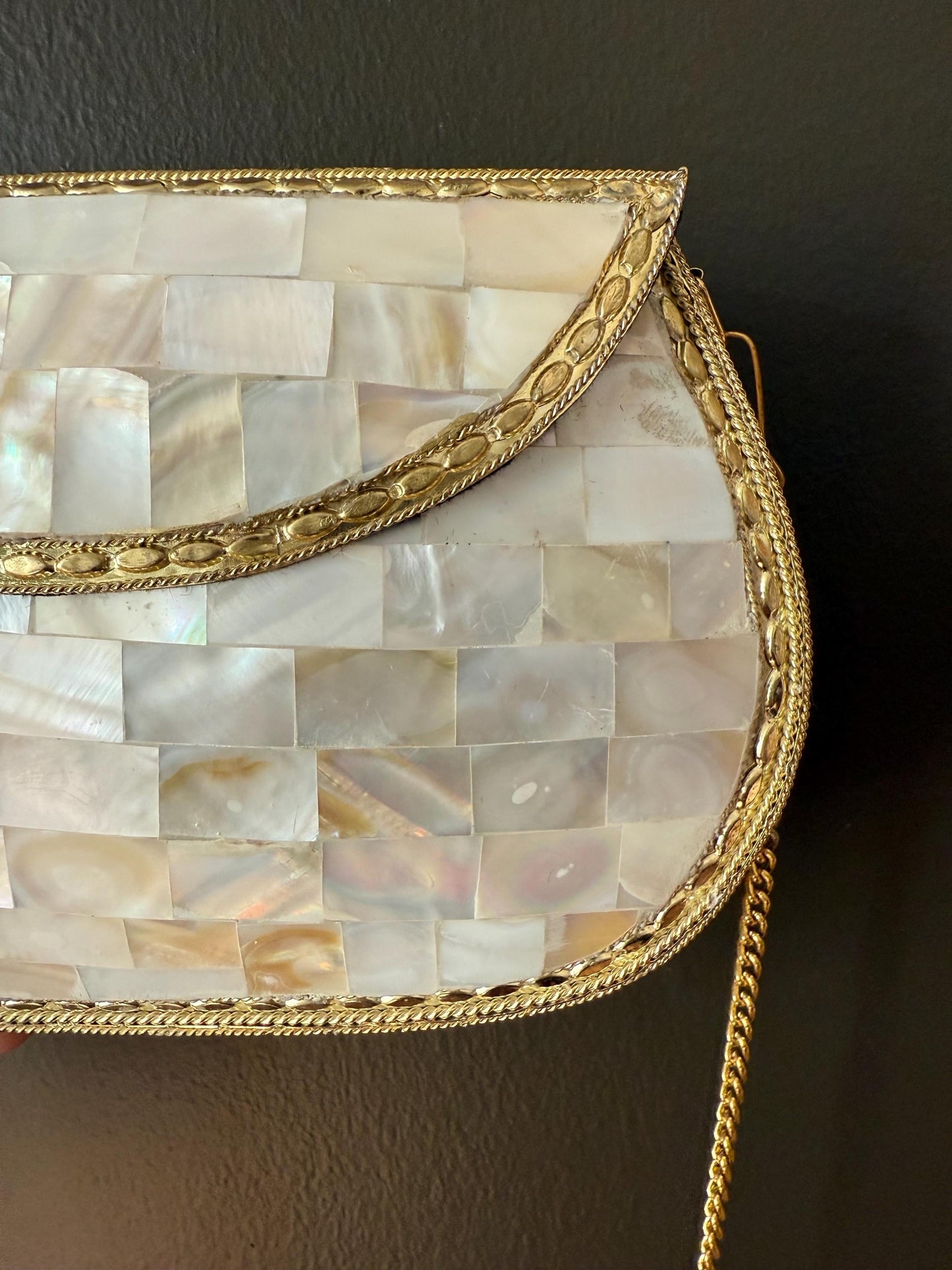 Elegant Mother of Pearl Clutch Purse with Gold Detailing – Vintage Style Evening Bag – Handmade Shell Bag – Perfect for Special Occasions