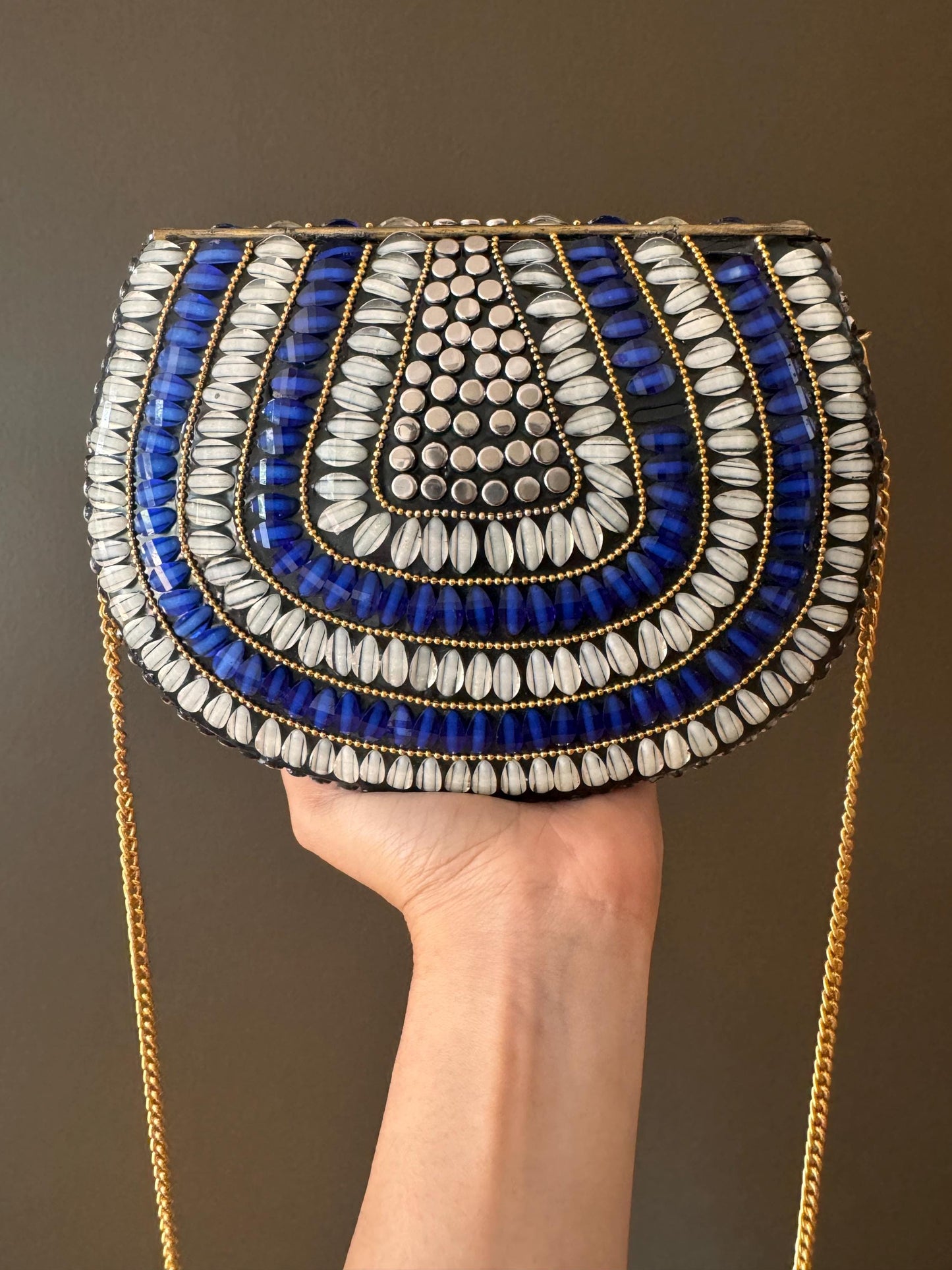Handmade Beaded Clutch - Blue & Silver Mosaic Evening Purse with Gold Chain | Boho Chic Statement Bag | Unique Handmade Gift