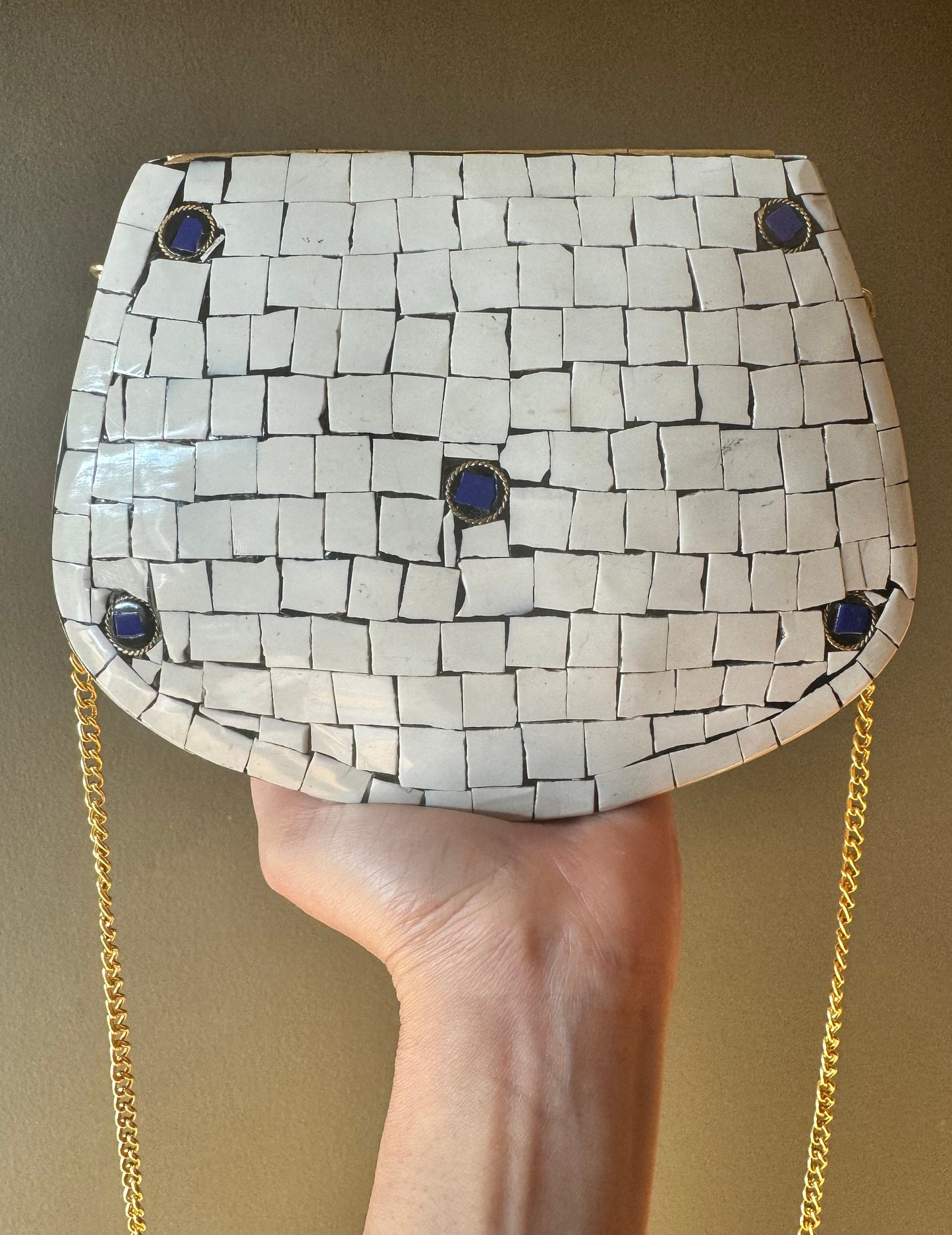 Handcrafted Mosaic Evening Clutch with Vintage Charm and Golden Chain Strap, Elegant Evening Bag, Boho Mosaic Clutch with Retro Charm, Luxe