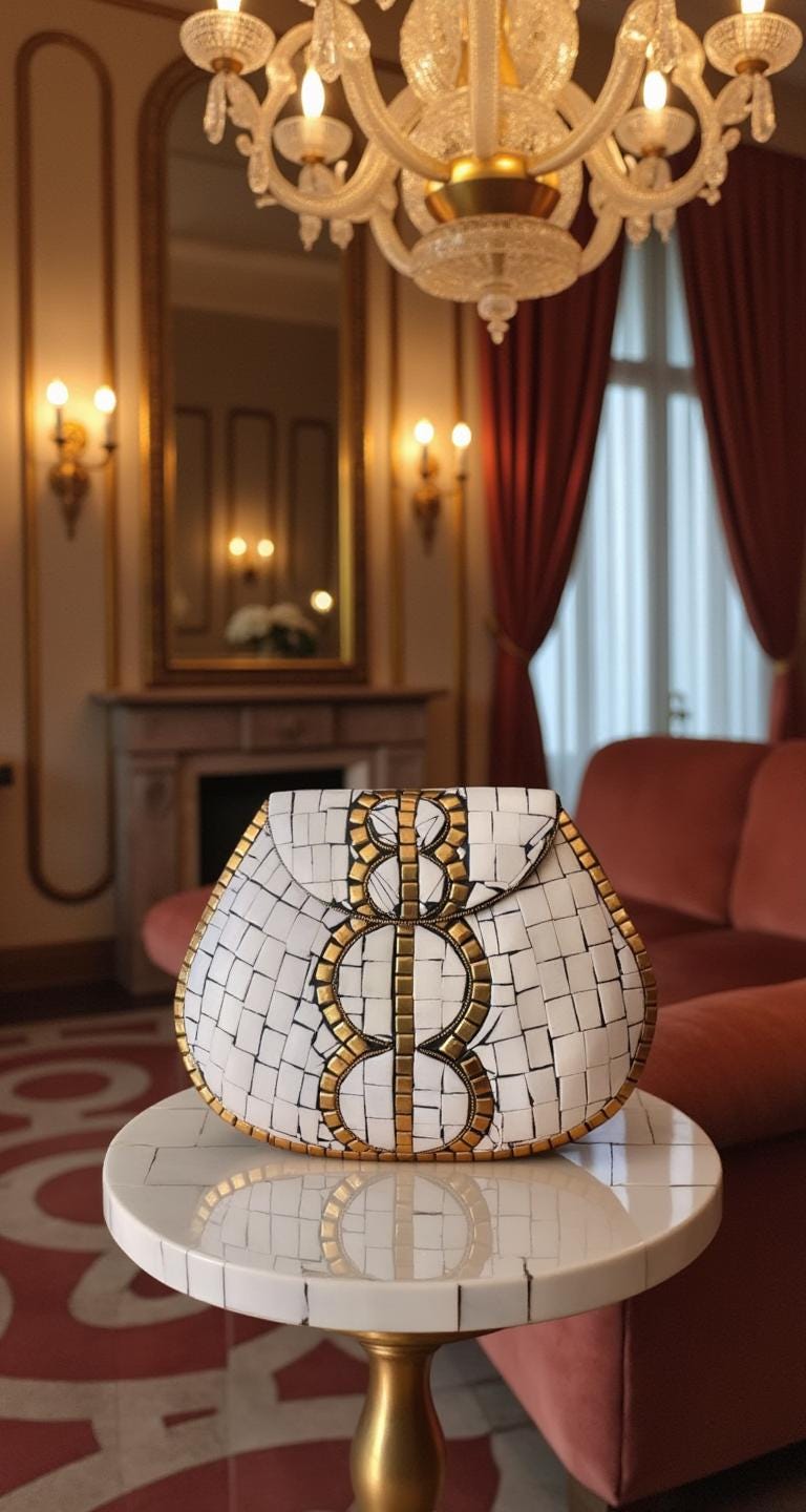 Handcrafted White and Gold Mother of Pearl Mosaic Clutch - Unique Shell Purse with Gold Strap - Elegant Statement Piece for Formal Events