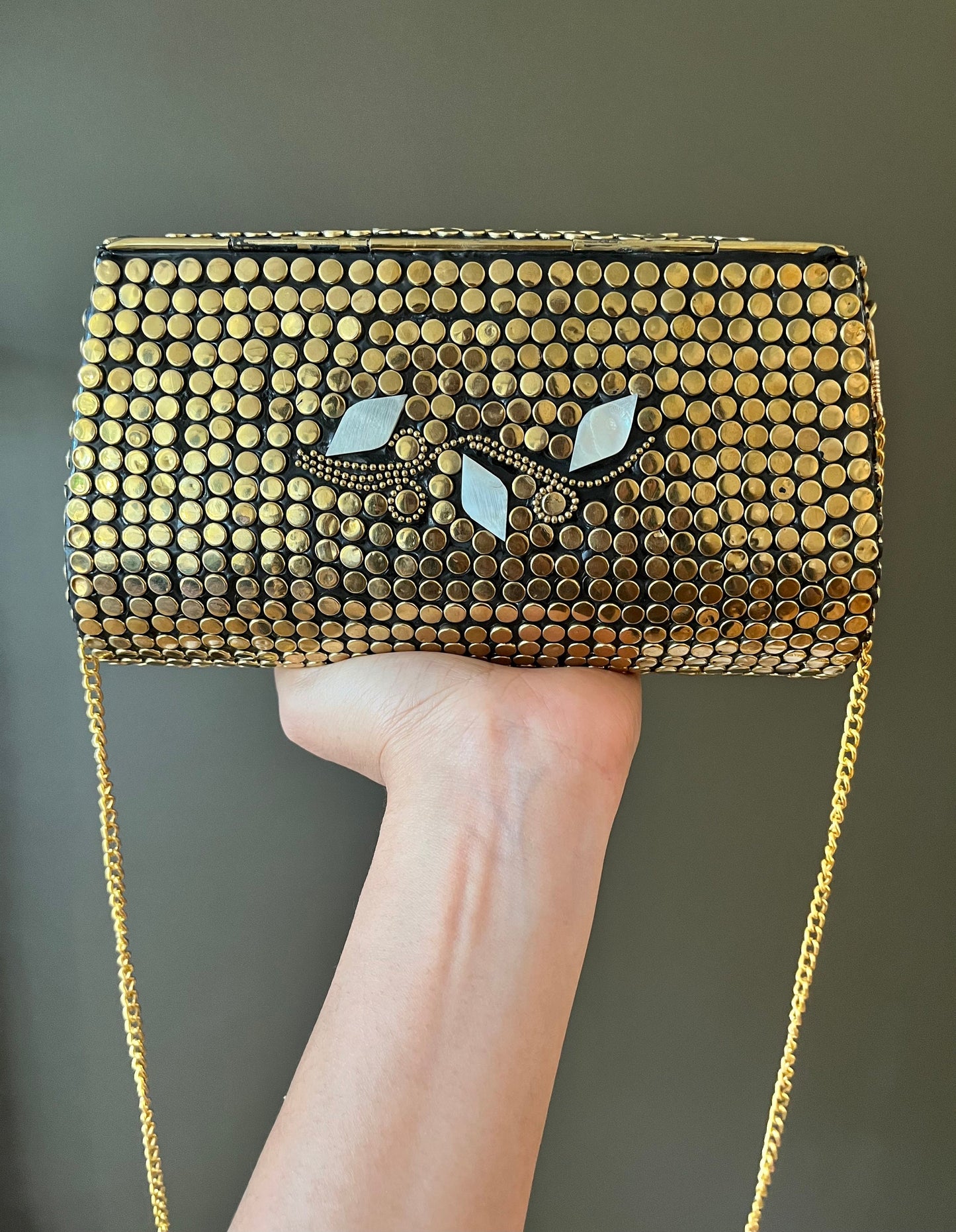 Handmade Mosaic Clutch Purse – Golden Metal Sling Bag, Indian Vintage-Inspired Evening Accessory. Wedding Evening Accessory. Festive Clutch