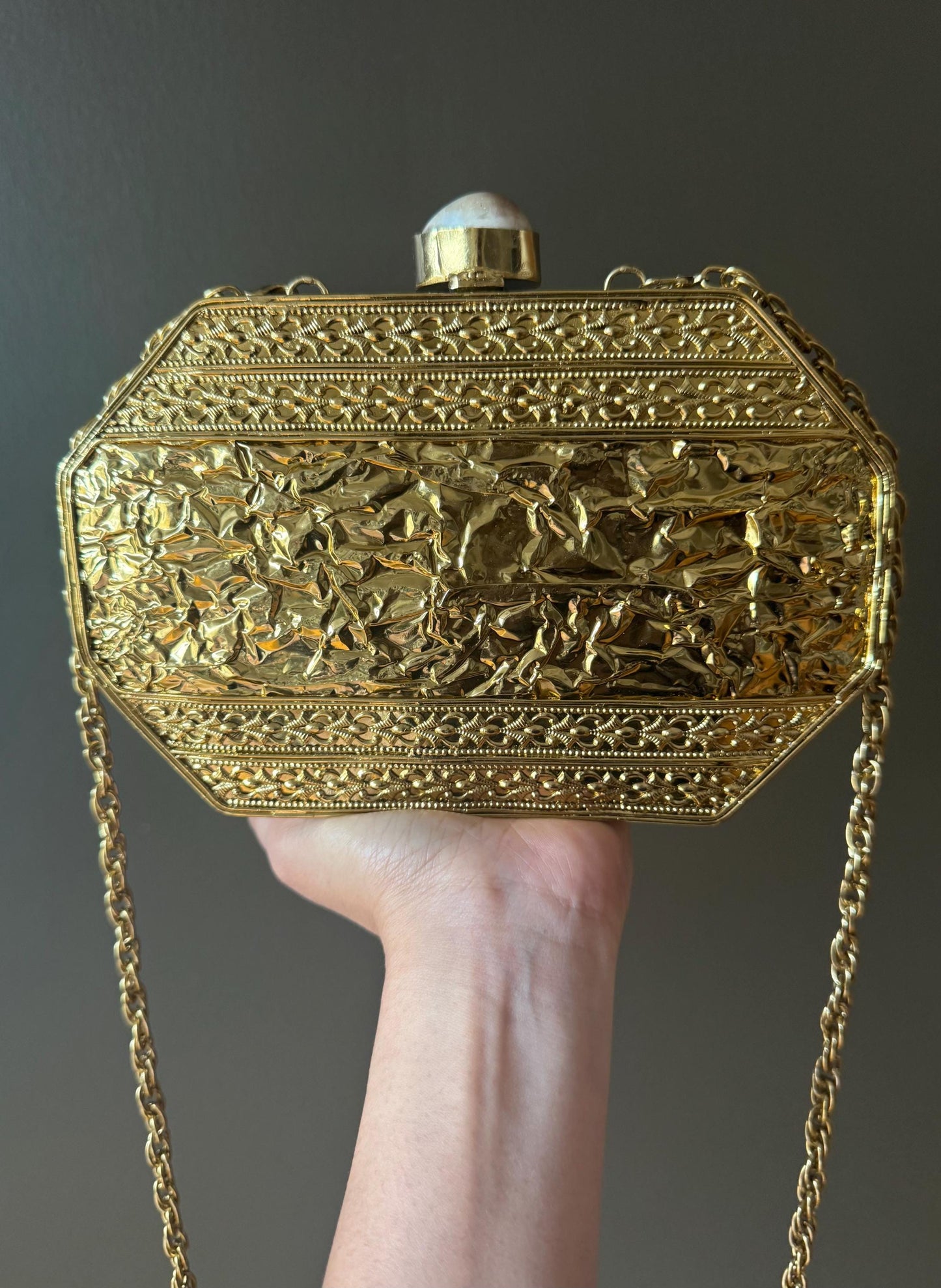 Luxury Gold Mother of Pearl Clutch | Handmade Evening Bag | Bridal Purse | Wedding, Party Handbag with Chain Strap & Gemstone Clasp. LAST PC