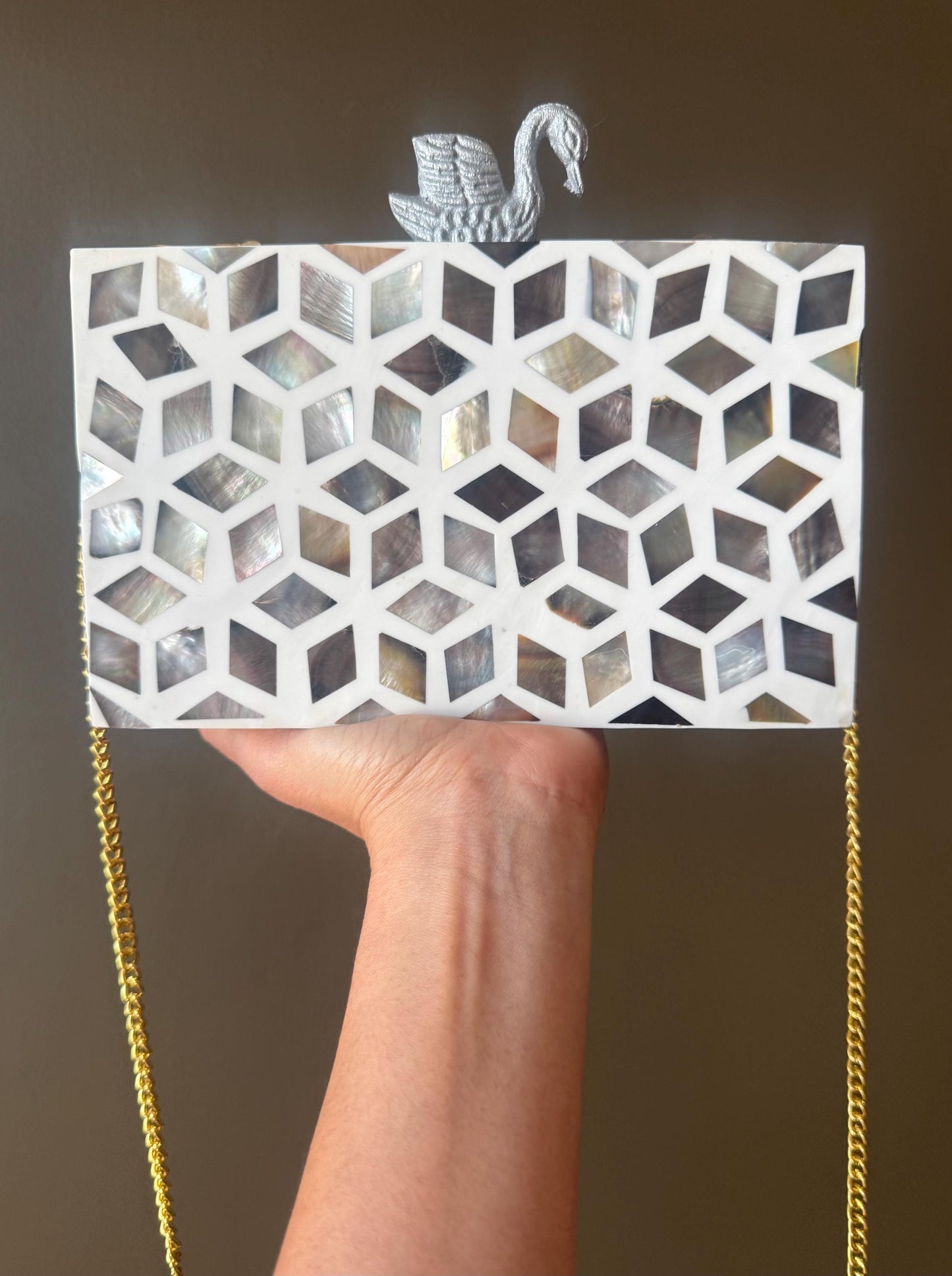 Luxury Mother of Pearl Clutch Purse - Handmade Evening Bag with Swan Clasp, Gold Chain, and Geometric Design - Elegant Gift for Women
