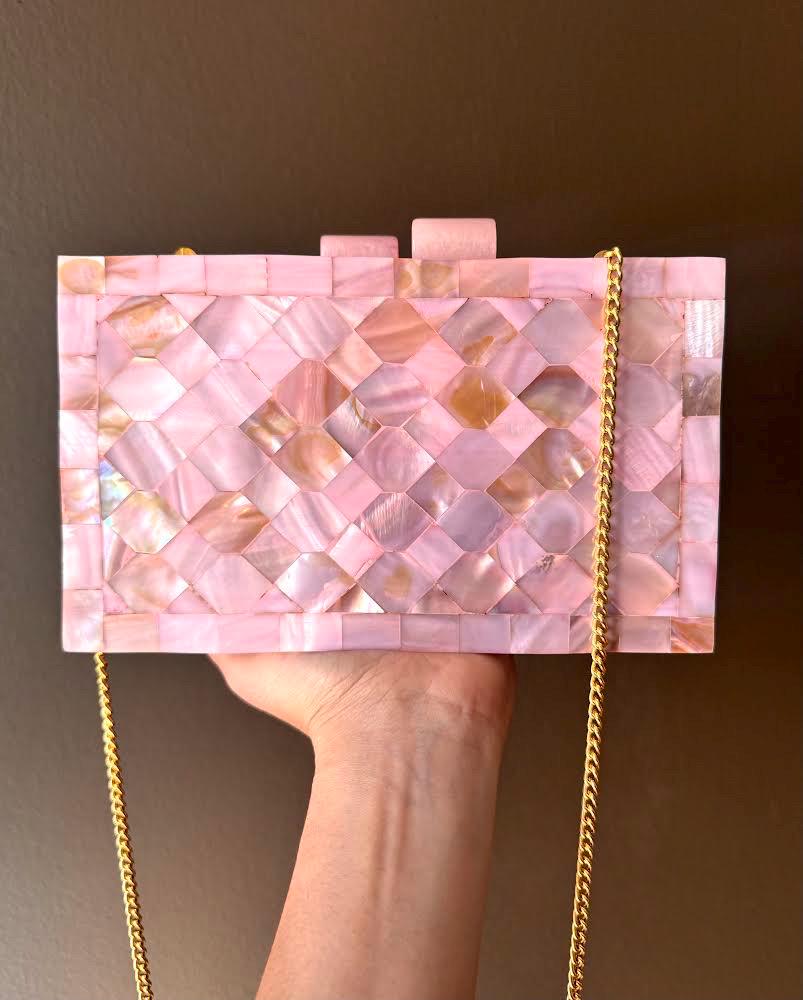Handcrafted Mother-of-Pearl Clutch Purse with Gold Chain - Iridescent Mosaic Evening Bag for Weddings & Special Occasions