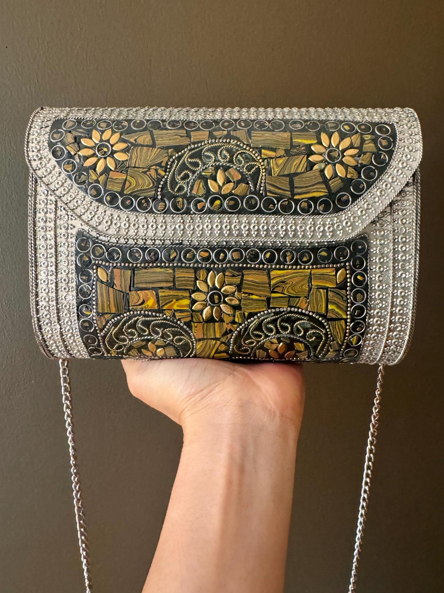 Luxury Handcrafted Golden Tiger Eye and Silver Metal Clutch Bag - Unique Artisan Boho Purse for Formal Events and Night Out