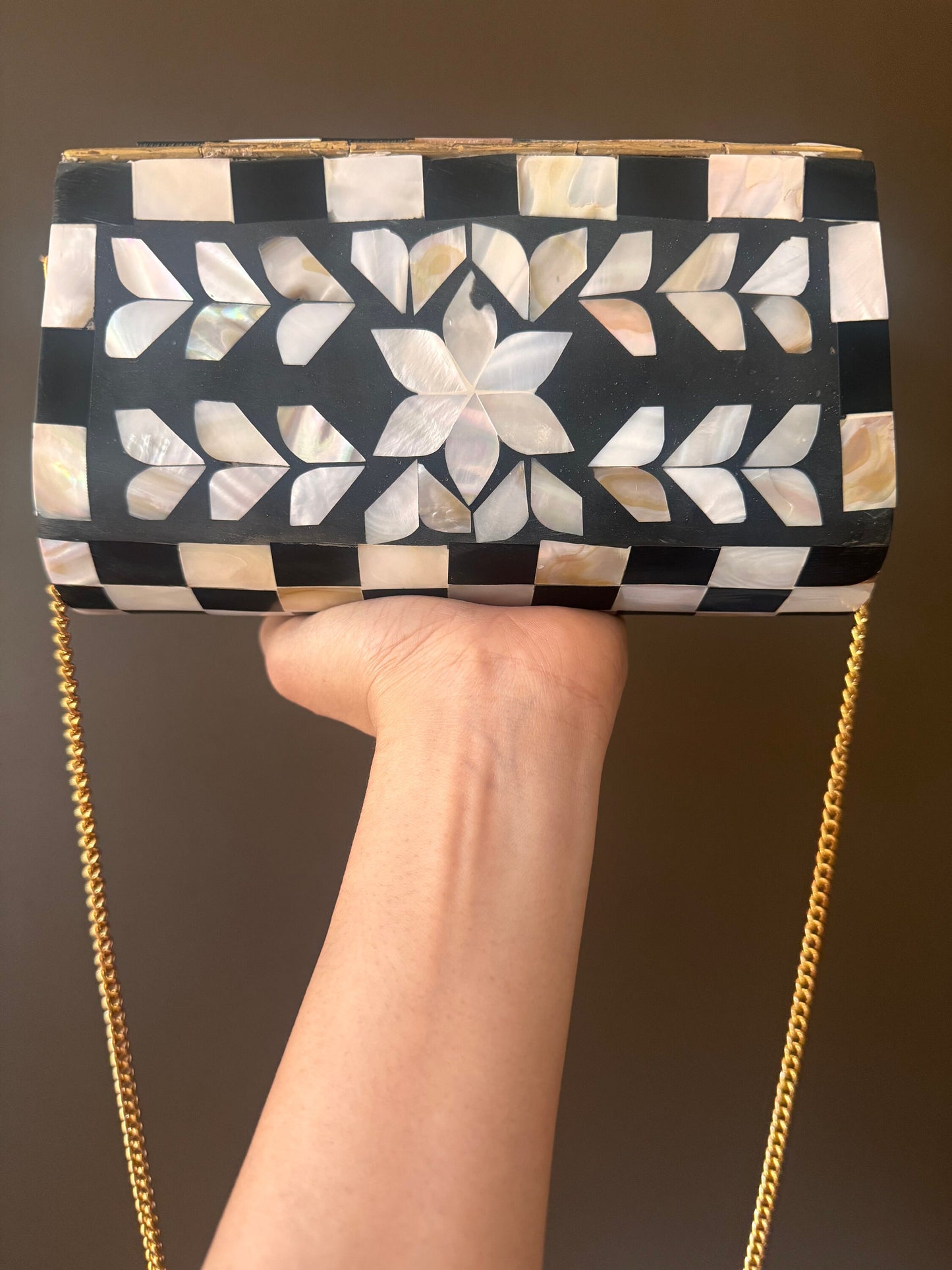 Handcrafted Mother of Pearl Clutch Bag - Black & White Checkerboard with Floral Design, Elegant Evening Purse with Gold Chain, Vintage Purse