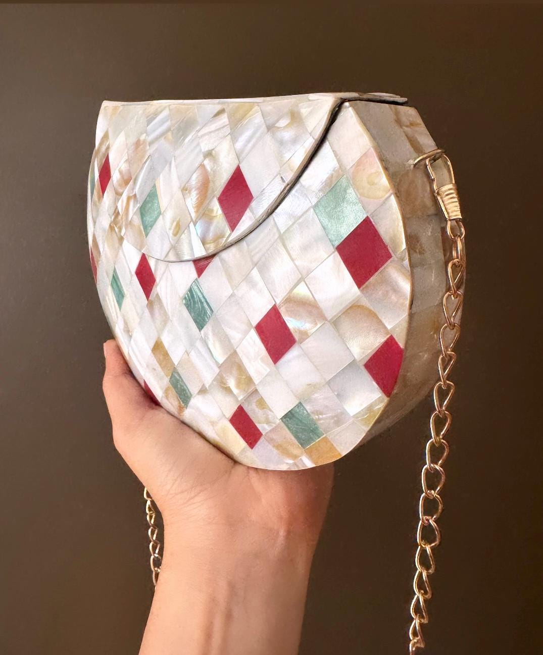 Timeless Elegance: Handmade Mosaic Clutch Purse with Vintage Metal & Mother of Pearl | Unique Indian Sling Bag - A Special Gift for Her