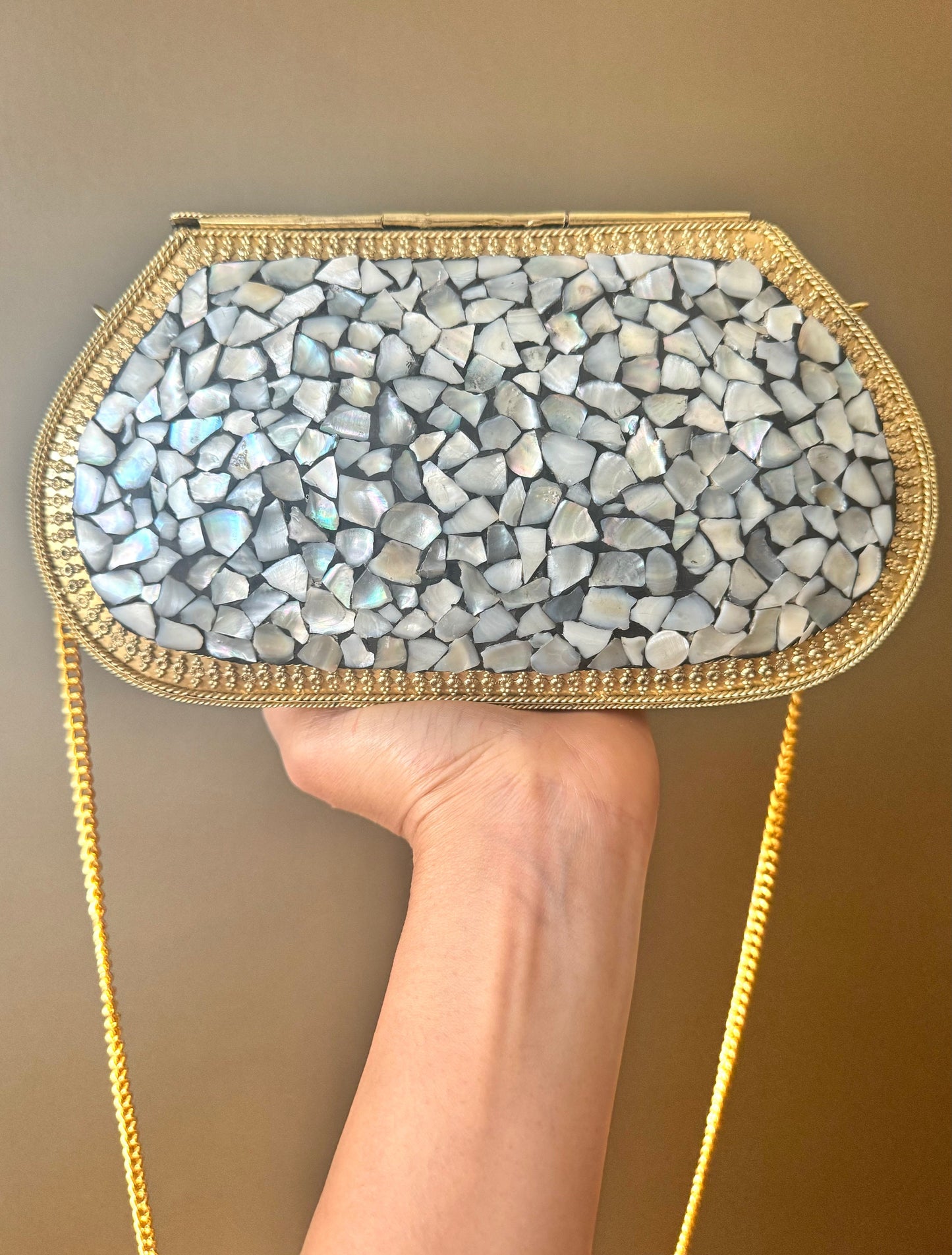 Chic Iridescent Mother-of-Pearl Mosaic Clutch with Elegant Gold Chain - Perfect Evening Accessory, Glamorous Mosaic Handcrafted Clutch