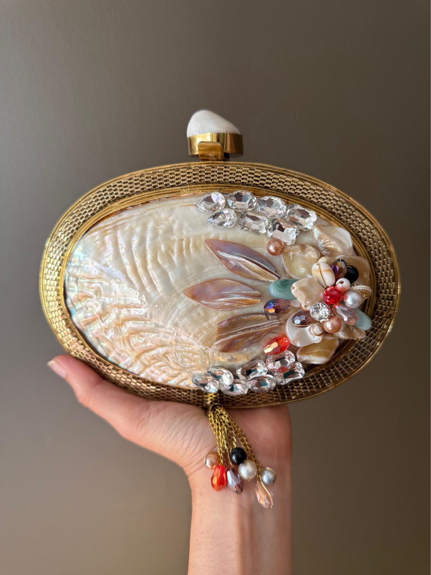 Exquisite Handcrafted Mother of Pearl Clutch with Vintage Gold Detailing & Crystal Embellishments. Luxurious Bag. Wedding clutch. Last PC
