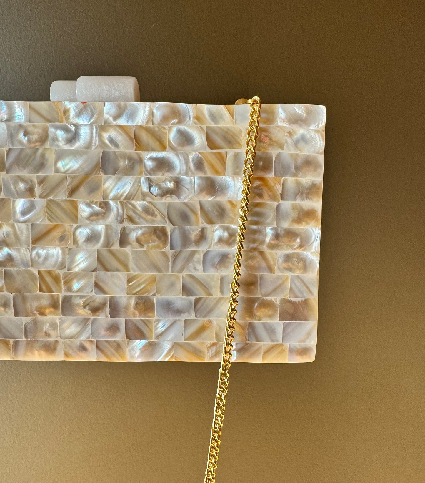 Handcrafted Mother-of-Pearl Clutch Purse with Gold Chain - Iridescent Mosaic Evening Bag for Weddings & Special Occasions