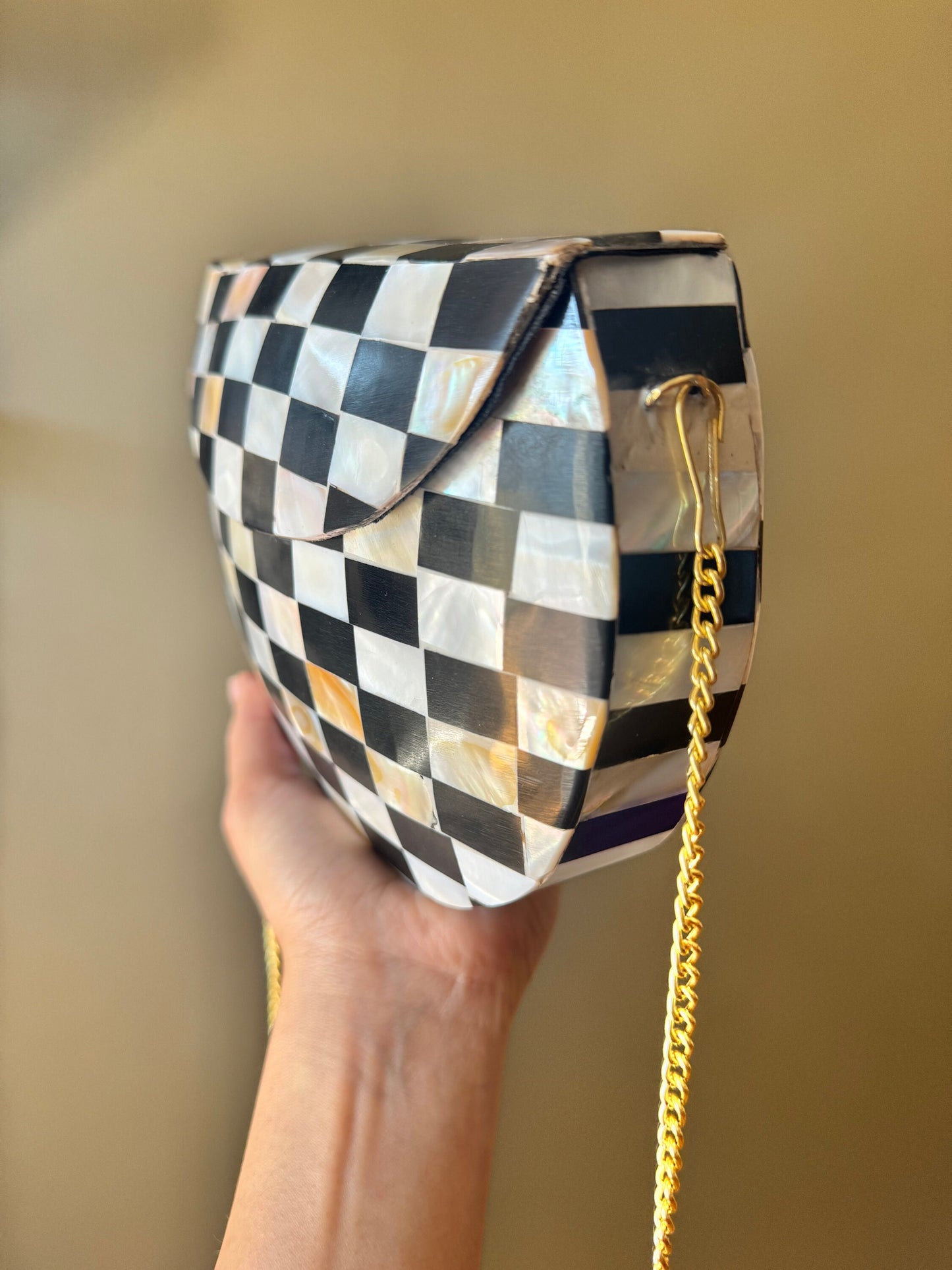 Chic Checkerboard Mother-of-Pearl Clutch - Artisan Crafted in India, Luxurious Evening Accessory, Mother-of-Pearl Evening Clutch Gold Chain