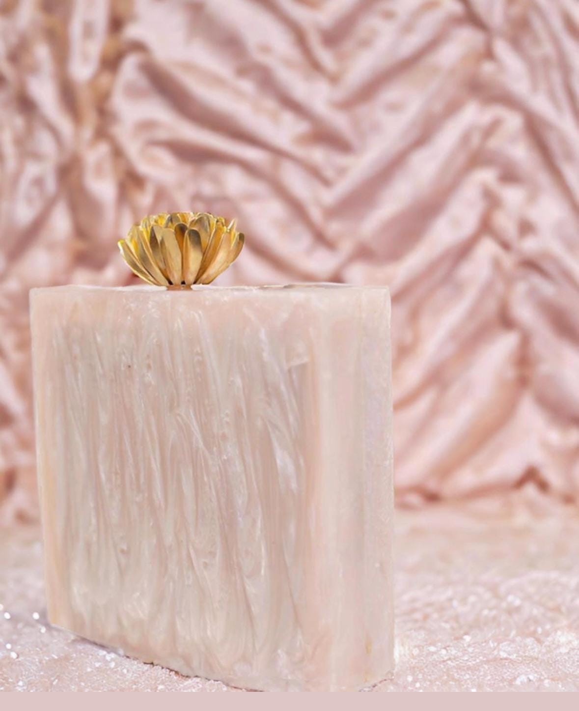 Elegant Handcrafted Nude Pearlized Marble Sahara Clutch with Detachable Vintage-Style Golden Lotus Closure and Versatile Gold Chain, Resin