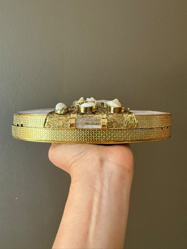 Handmade Abalone Shell & Gemstone Box Clutch – Gold Metal Frame Purse with Crystal Quartz Clasp
