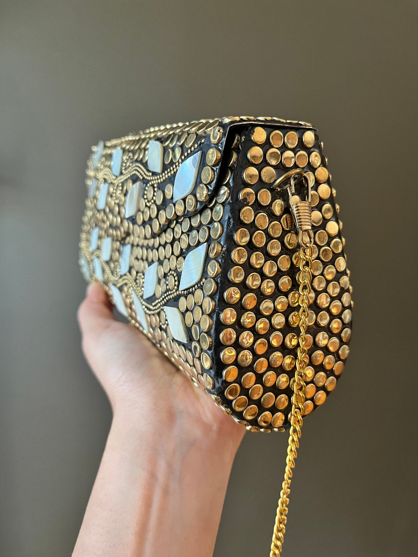 Handmade Mosaic Clutch Purse – Golden Metal Sling Bag, Indian Vintage-Inspired Evening Accessory. Wedding Evening Accessory. Festive Clutch