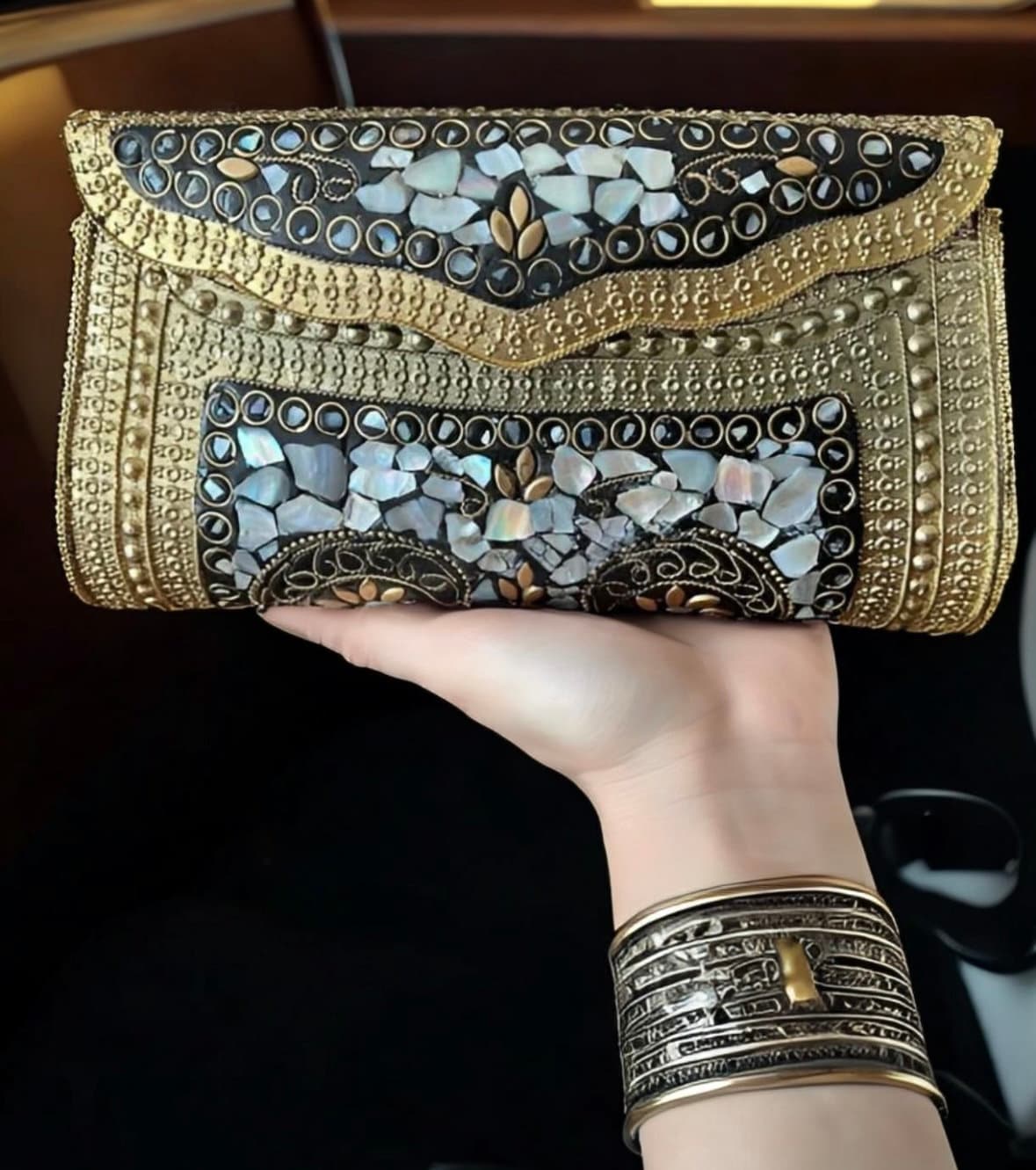 Mosaic Clutch, Antique Purse | Metal Clutch | Indian Handmade Sling Bag | Vintage Style Purse | Handmade Clutch, Mother of Pearl Purse