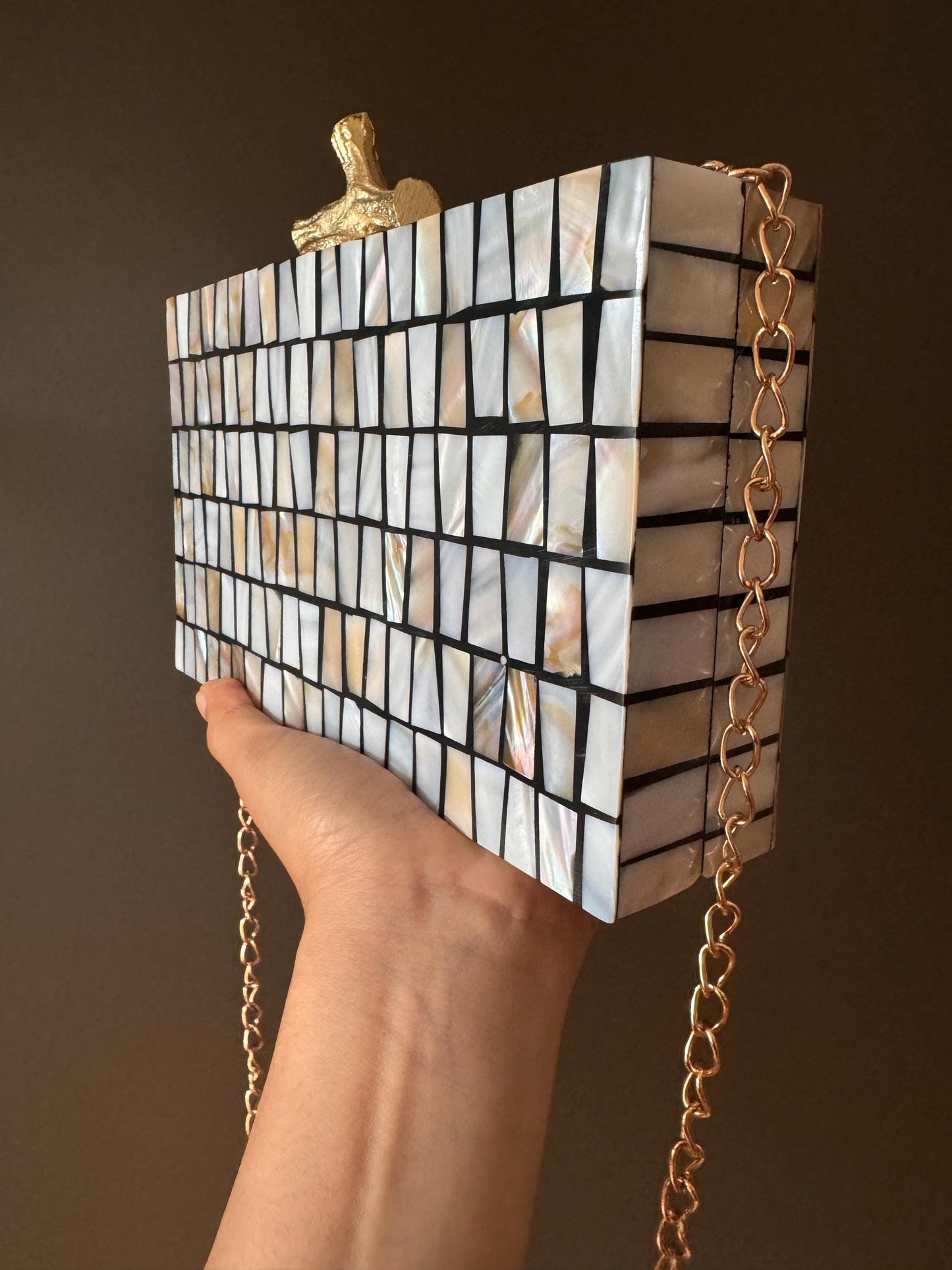 Handmade Rectangular Mother of Pearl and Resin Mosaic Clutch - Unique Shell Purse with Gold Accent Clasp and Chain Strap - Special Occasions