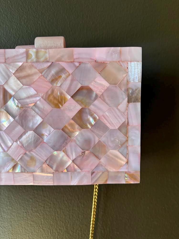 Handcrafted Mother-of-Pearl Clutch Purse with Gold Chain - Iridescent Mosaic Evening Bag for Weddings & Special Occasions