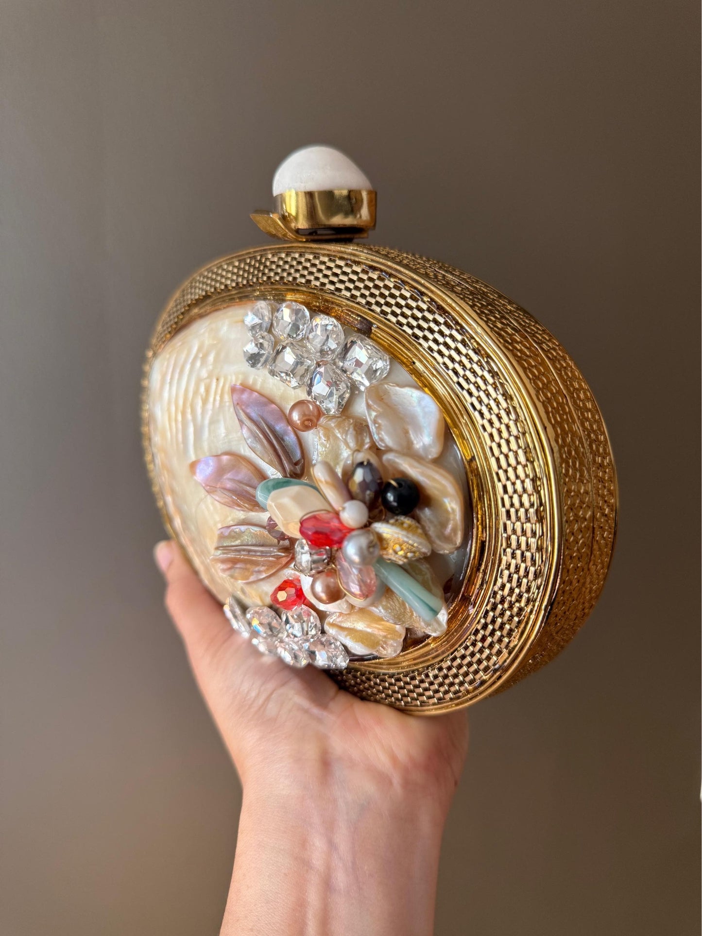 Exquisite Handcrafted Mother of Pearl Clutch with Vintage Gold Detailing & Crystal Embellishments. Luxurious Bag. Wedding clutch. Last PC