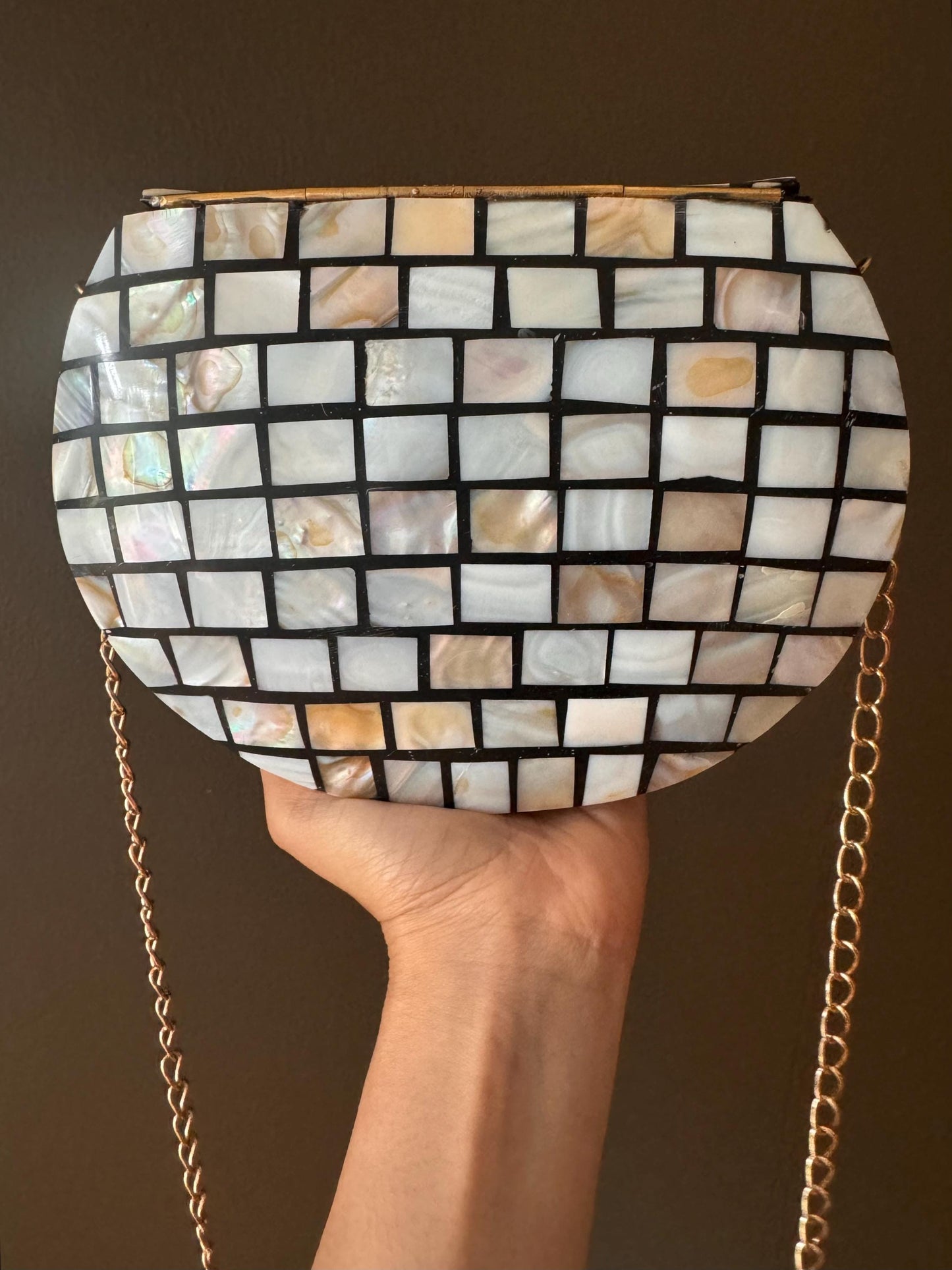 Timeless Elegance: Handmade Mosaic Clutch Purse with Vintage Metal & Mother of Pearl | Unique Indian Sling Bag - A Special Gift for Her