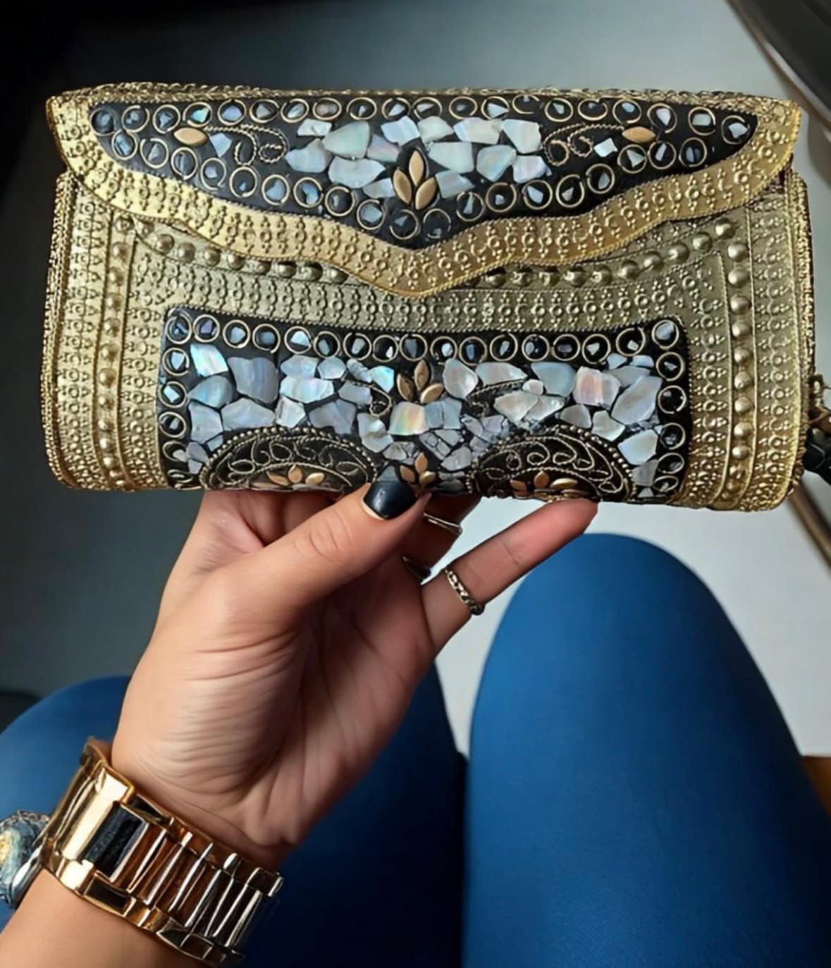 Mosaic Clutch, Antique Purse | Metal Clutch | Indian Handmade Sling Bag | Vintage Style Purse | Handmade Clutch, Mother of Pearl Purse