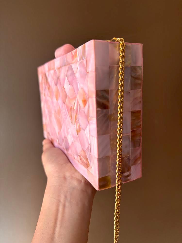 Handcrafted Mother-of-Pearl Clutch Purse with Gold Chain - Iridescent Mosaic Evening Bag for Weddings & Special Occasions