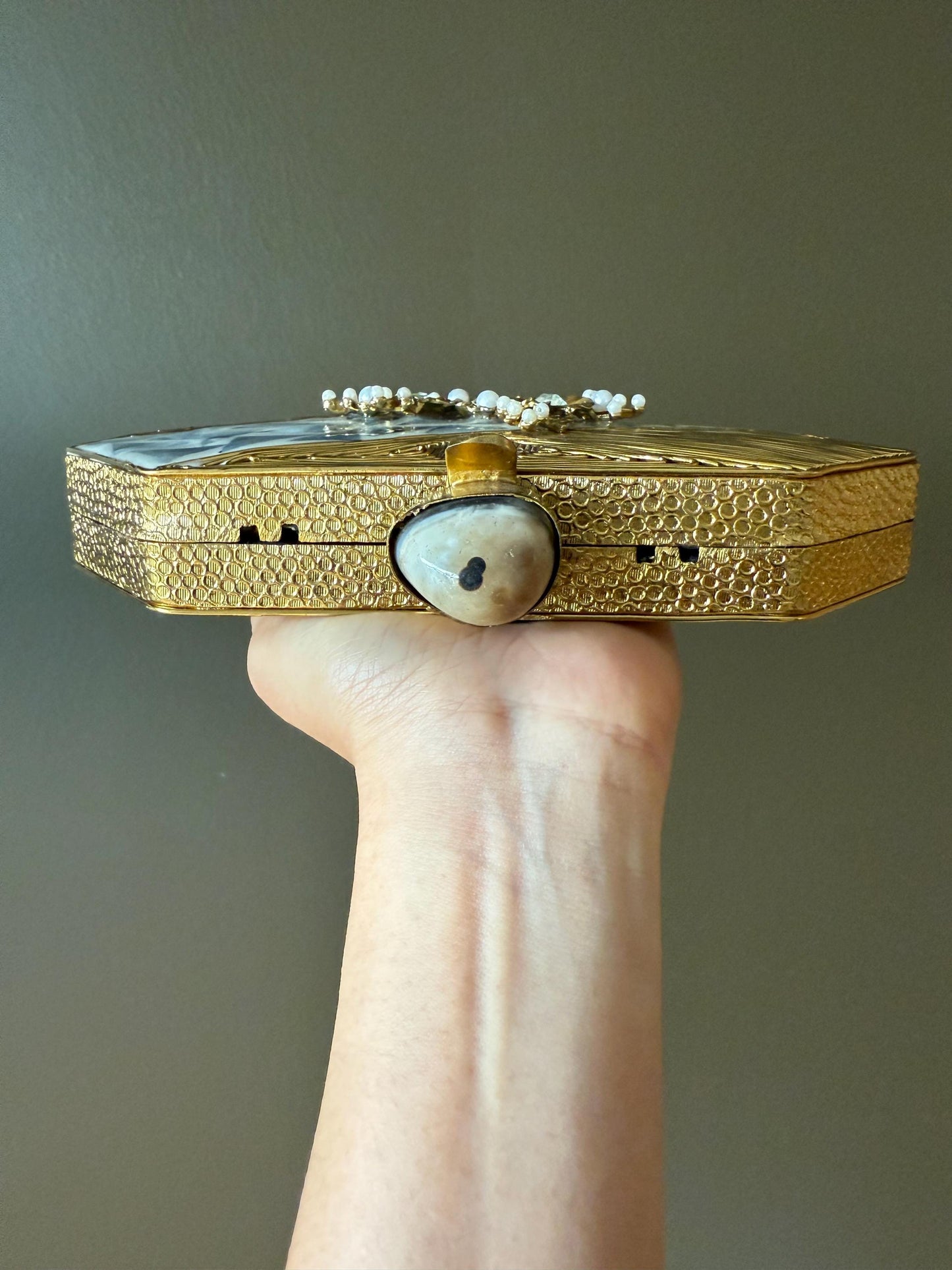 Luxury Gold Mother of Pearl Clutch | Handmade Evening Bag | Bridal Purse | Wedding, Party Handbag with Chain Strap & Gemstone Clasp. LAST PC
