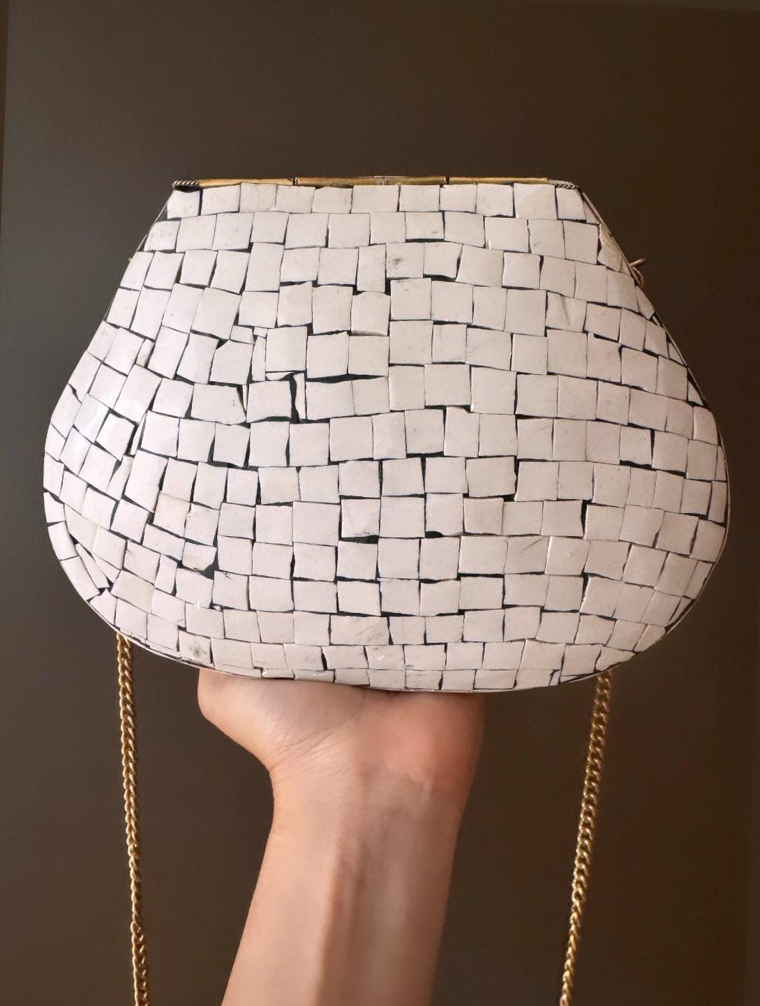 Handcrafted White and Gold Mother of Pearl Mosaic Clutch - Unique Shell Purse with Gold Strap - Elegant Statement Piece for Formal Events