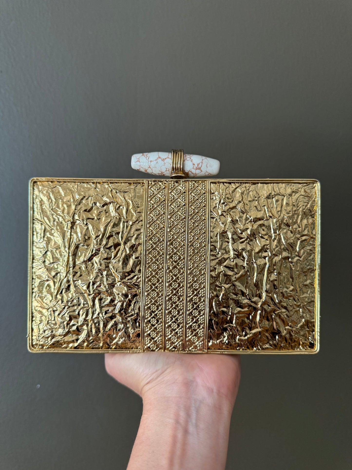 Gold Floral Couture Clutch With Pearls, Crystals & Marble Bar Clasp