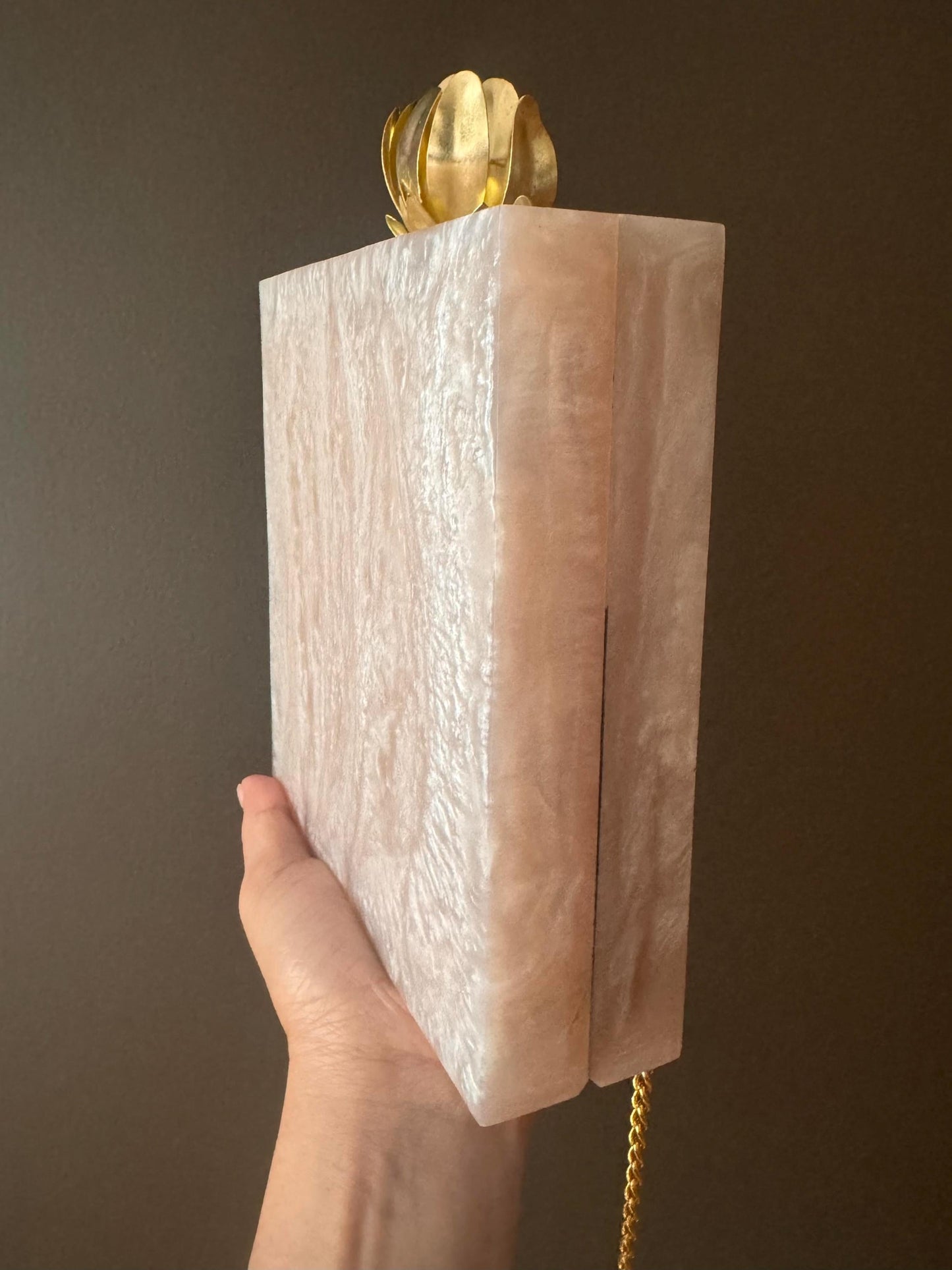 Elegant Handcrafted Nude Pearlized Marble Sahara Clutch with Detachable Vintage-Style Golden Lotus Closure and Versatile Gold Chain, Resin