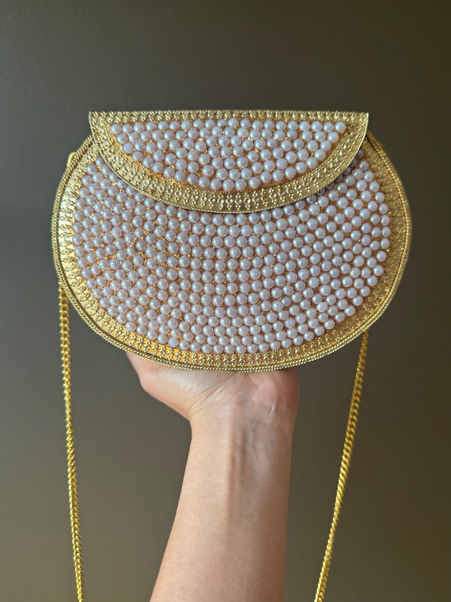 Luxury Pearl and Gold Clutch Purse | Handmade Bridal, Wedding & Evening Handbag | Elegant Party Purse with Chain Strap. Metal Purse. Clutch