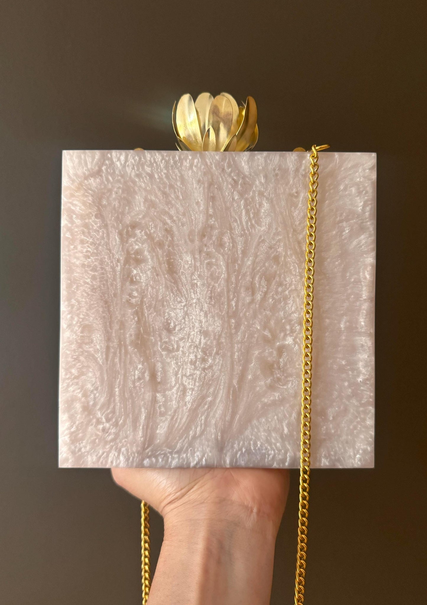 Elegant Handcrafted Nude Pearlized Marble Sahara Clutch with Detachable Vintage-Style Golden Lotus Closure and Versatile Gold Chain, Resin
