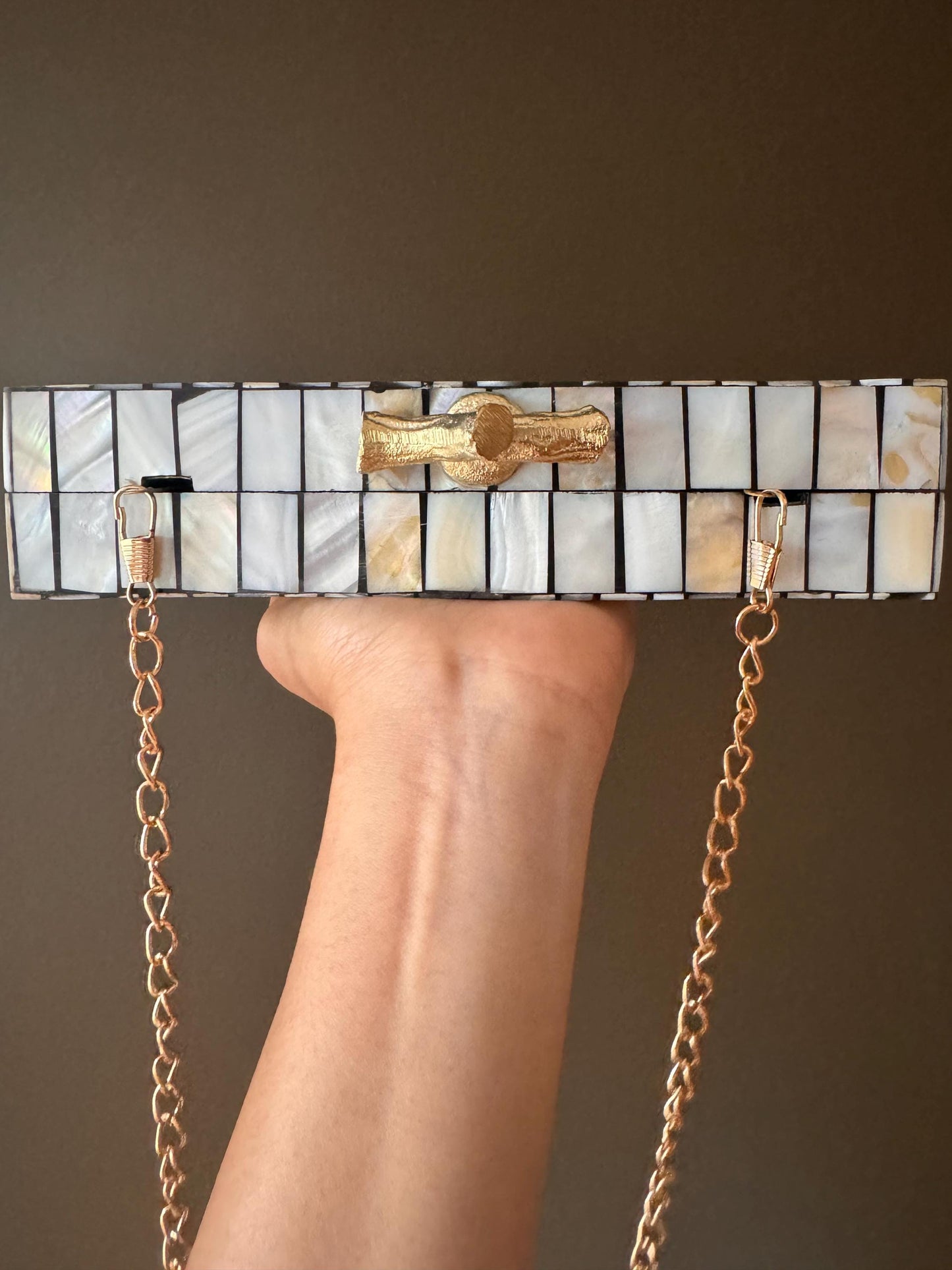 Handmade Rectangular Mother of Pearl and Resin Mosaic Clutch - Unique Shell Purse with Gold Accent Clasp and Chain Strap - Special Occasions