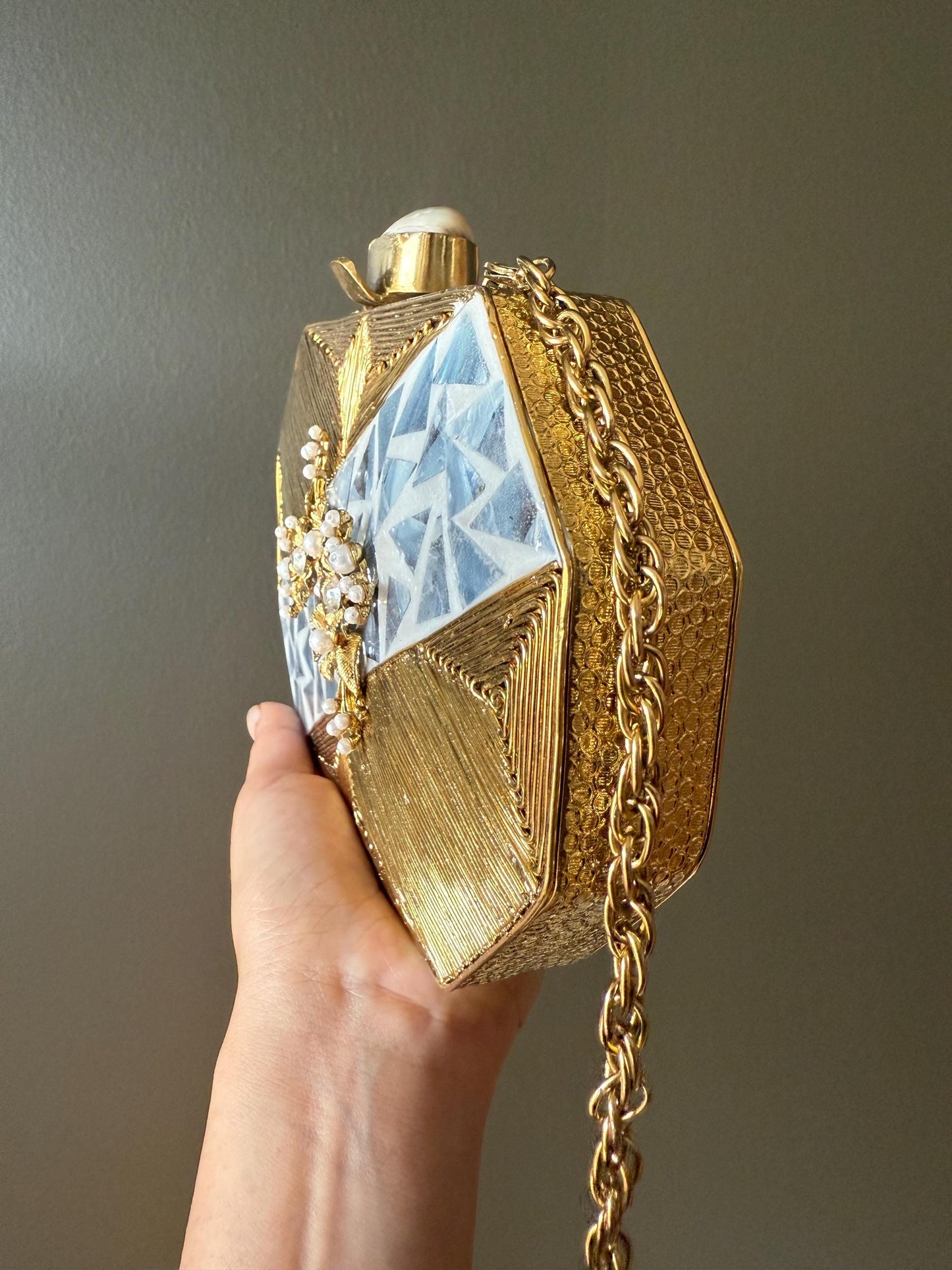 Luxury Gold Mother of Pearl Clutch | Handmade Evening Bag | Bridal Purse | Wedding, Party Handbag with Chain Strap & Gemstone Clasp. LAST PC
