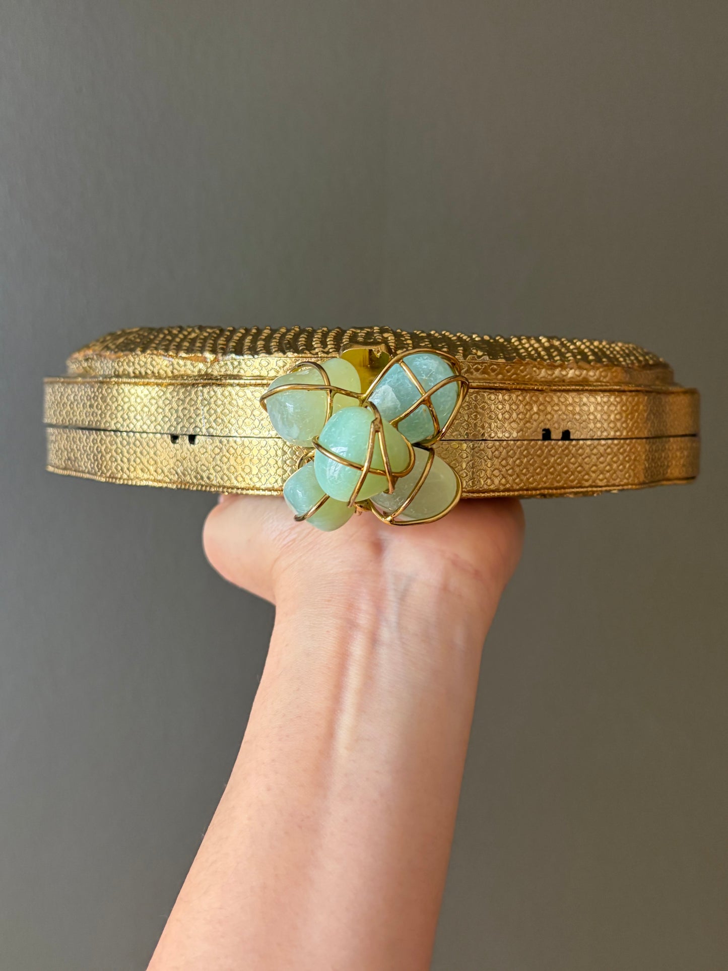Gold Shell Clutch | Abalone Inlay, Aqua Stone Clasp Evening Bag