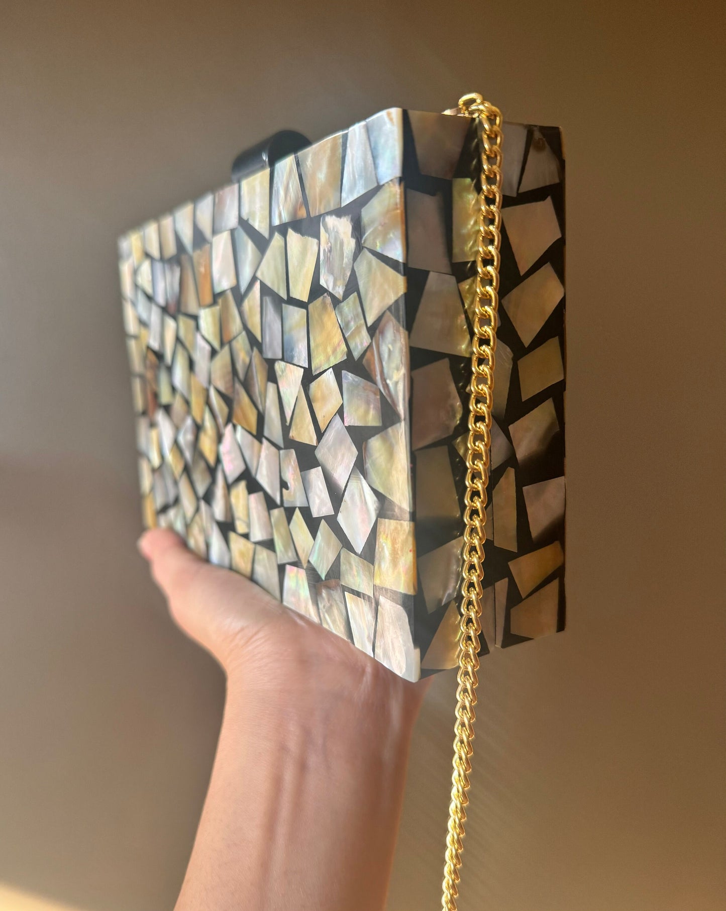 Exquisite Mahogany & Mother of Pearl Clutch | Luxurious Evening Bag with Gold Chain Strap and Resin Overcoat | Wedding and Special Occasion